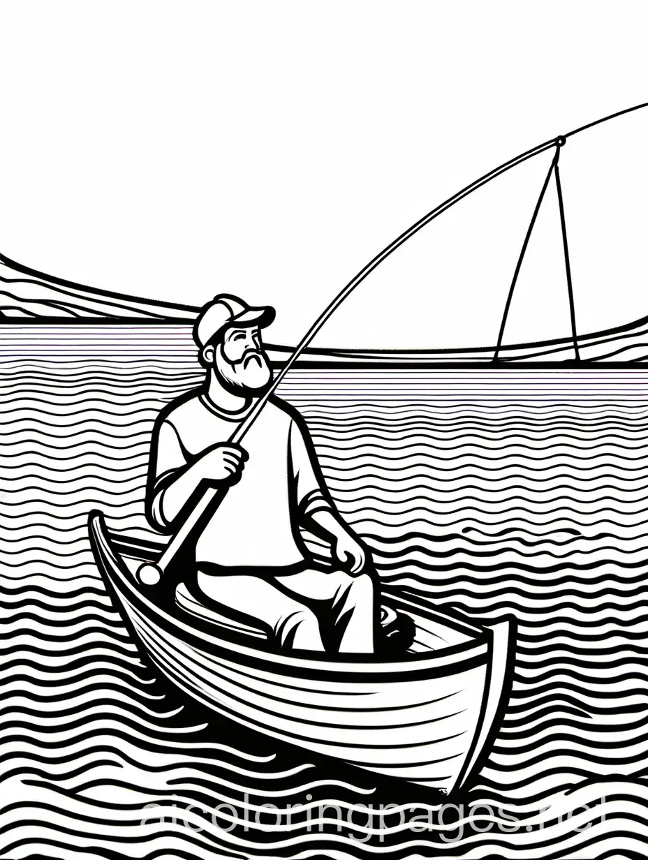 man on a boat with a fishing rod coloring page, simple, no background just white, easy for kids to color, Coloring Page, black and white, line art, white background, Simplicity, Ample White Space.