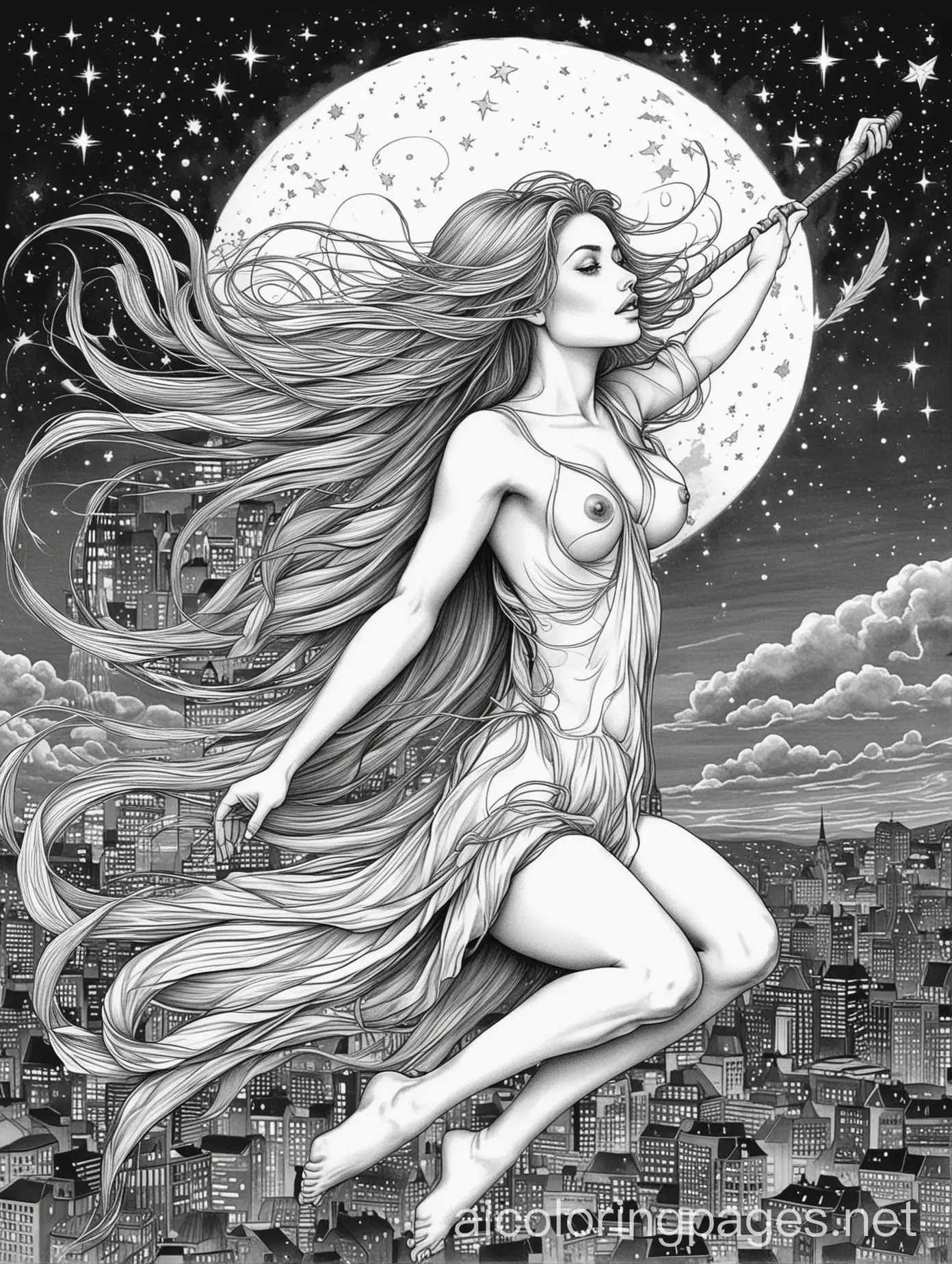 Nude woman with long hair is flying in the night sky sitting on a broomstick, leaning her body forward, she has a look of delight on her face, her hair is fluttering in the wind, she is flying against a background of city buildings, colouring page, black and white, line drawing, white background, simplicity, lots of white space. The background of the colouring page is simply white to make it easy for children to colour within the lines., Coloring Page, black and white, line art, white background, Simplicity, Ample White Space. The background of the coloring page is plain white to make it easy for young children to color within the lines. The outlines of all the subjects are easy to distinguish, making it simple for kids to color without too much difficulty
