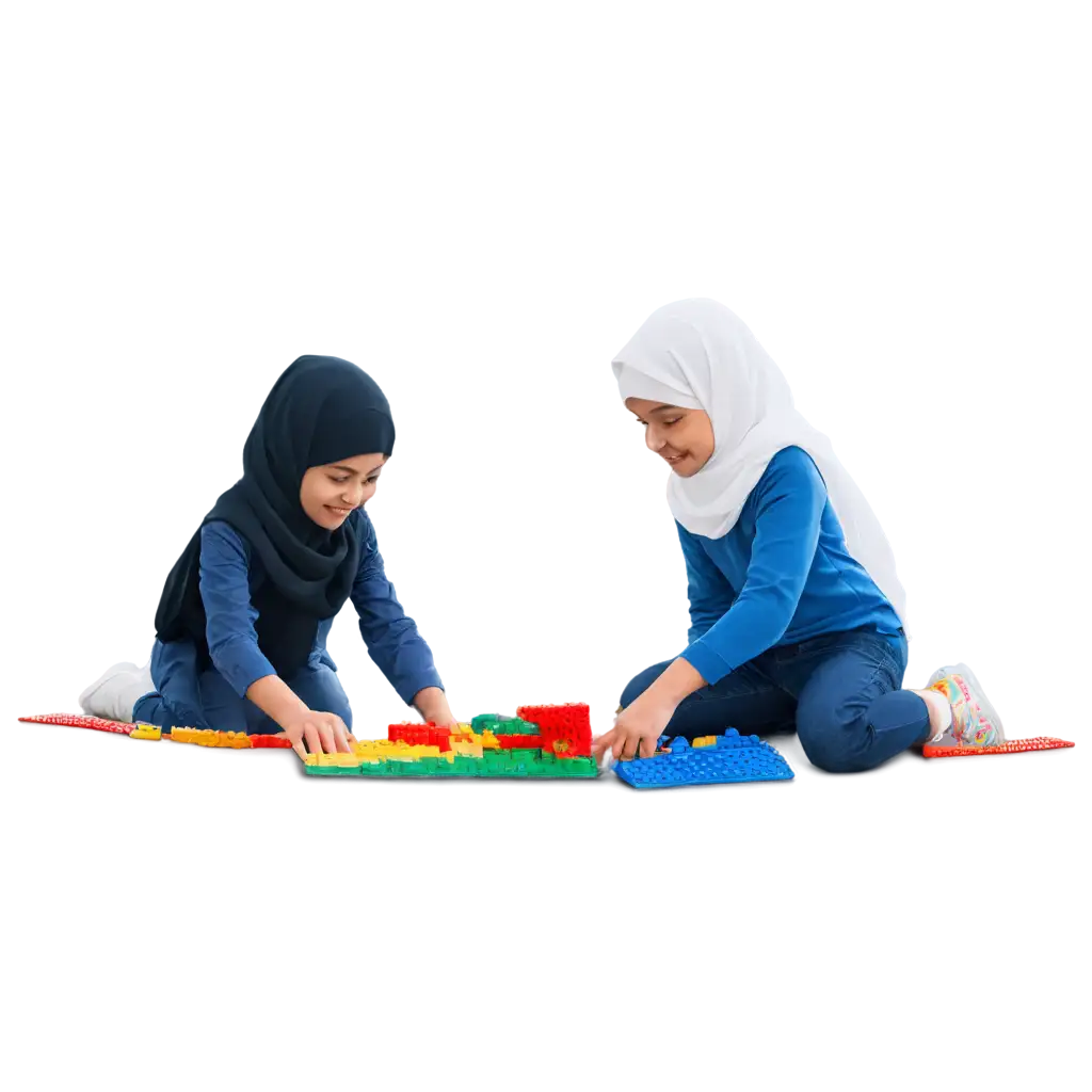 Muslim boy and muslim girl playing lego