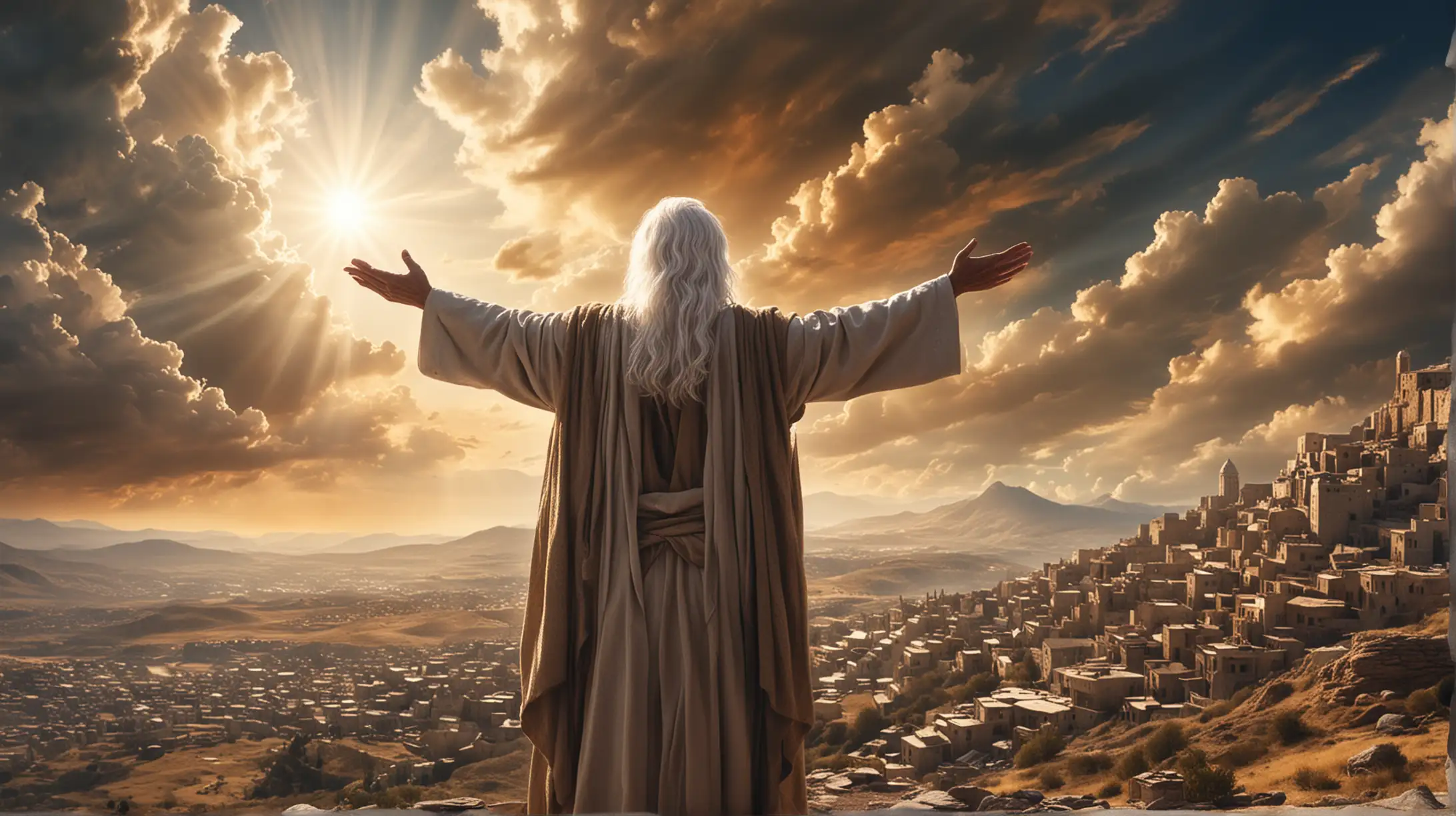A Godly looking man with white hair, his hand outstretched standing on a mountain. A magnificent sky, and below you can see a small town, and a gathering of some people below listening to him. Set during the Era of the Biblical Moses.