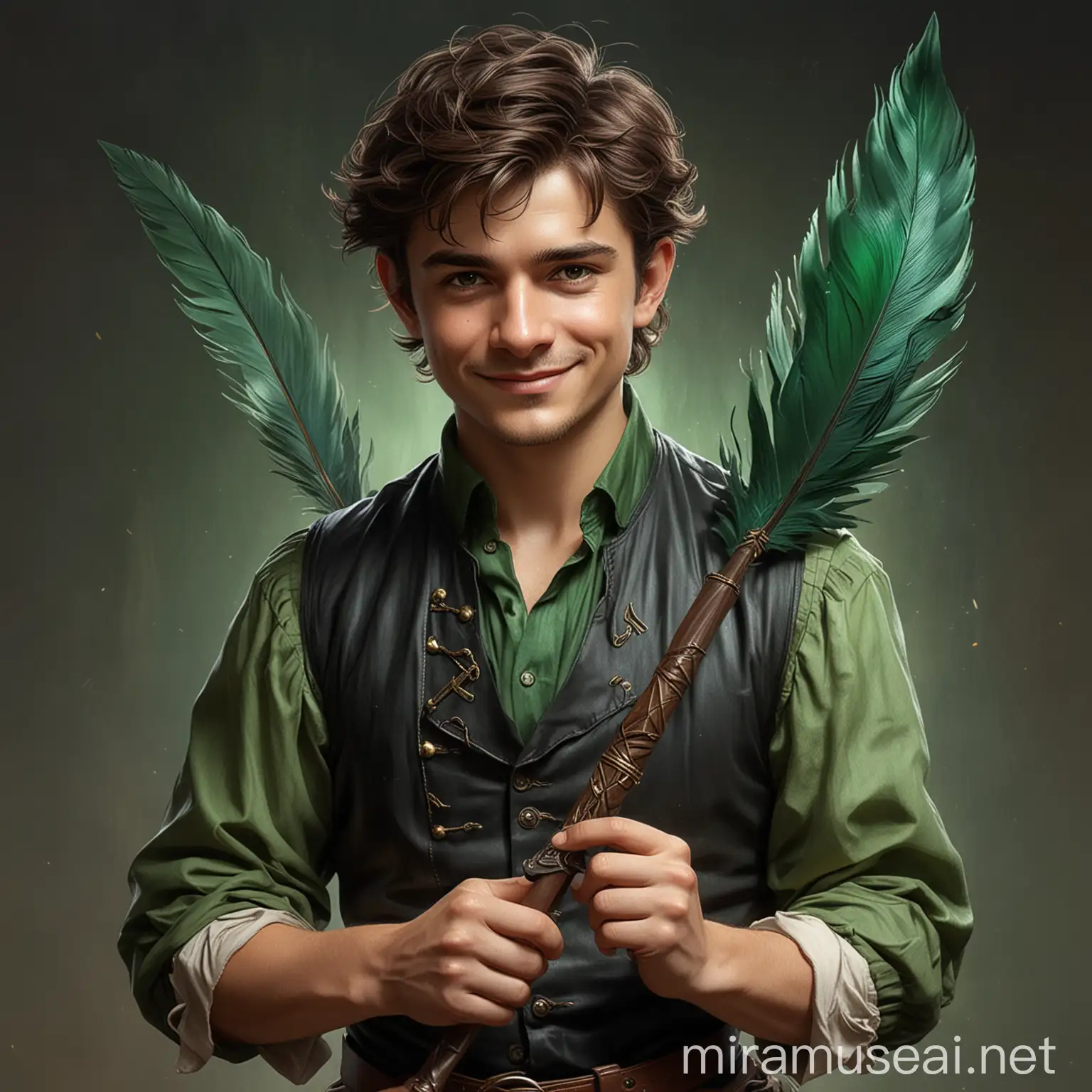 Smiling Halfling Bard Poet with Emerald Green Vest and Magical Feather