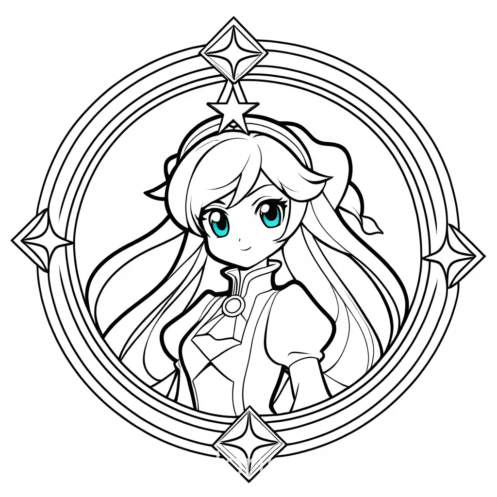Rosalina star, Coloring Page, black and white, line art, white background, Simplicity, Ample White Space. The background of the coloring page is plain white to make it easy for young children to color within the lines. The outlines of all the subjects are easy to distinguish, making it simple for kids to color without too much difficulty