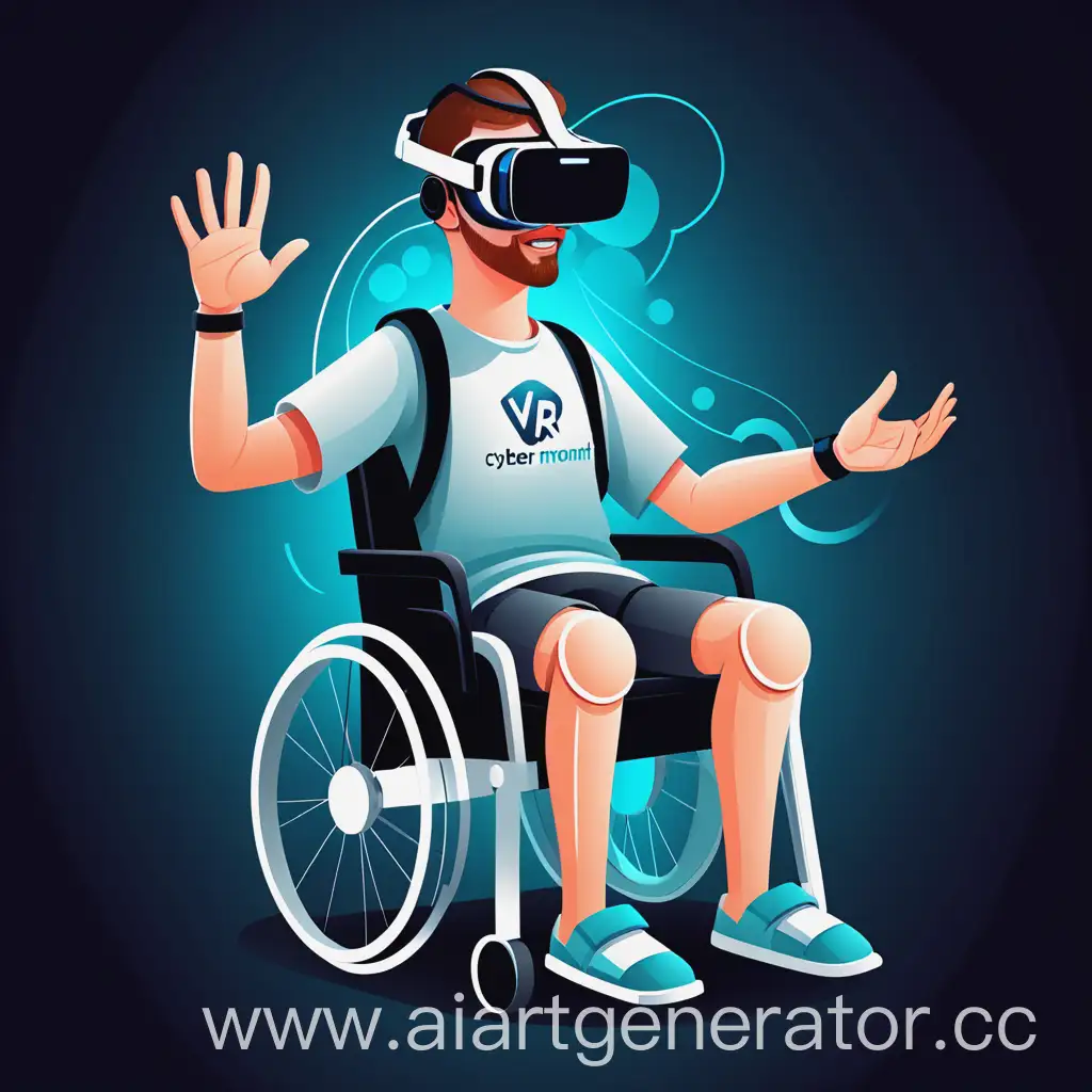 Создай логотип проекта "Кибердвижение". Суть проекта в реабилитации людей с проблемами в подвижности конечностей с применением VR-технологий. На картинке должен быть изображен инвалид в VR-очках. Изображение должно быть в мультяшном стиле