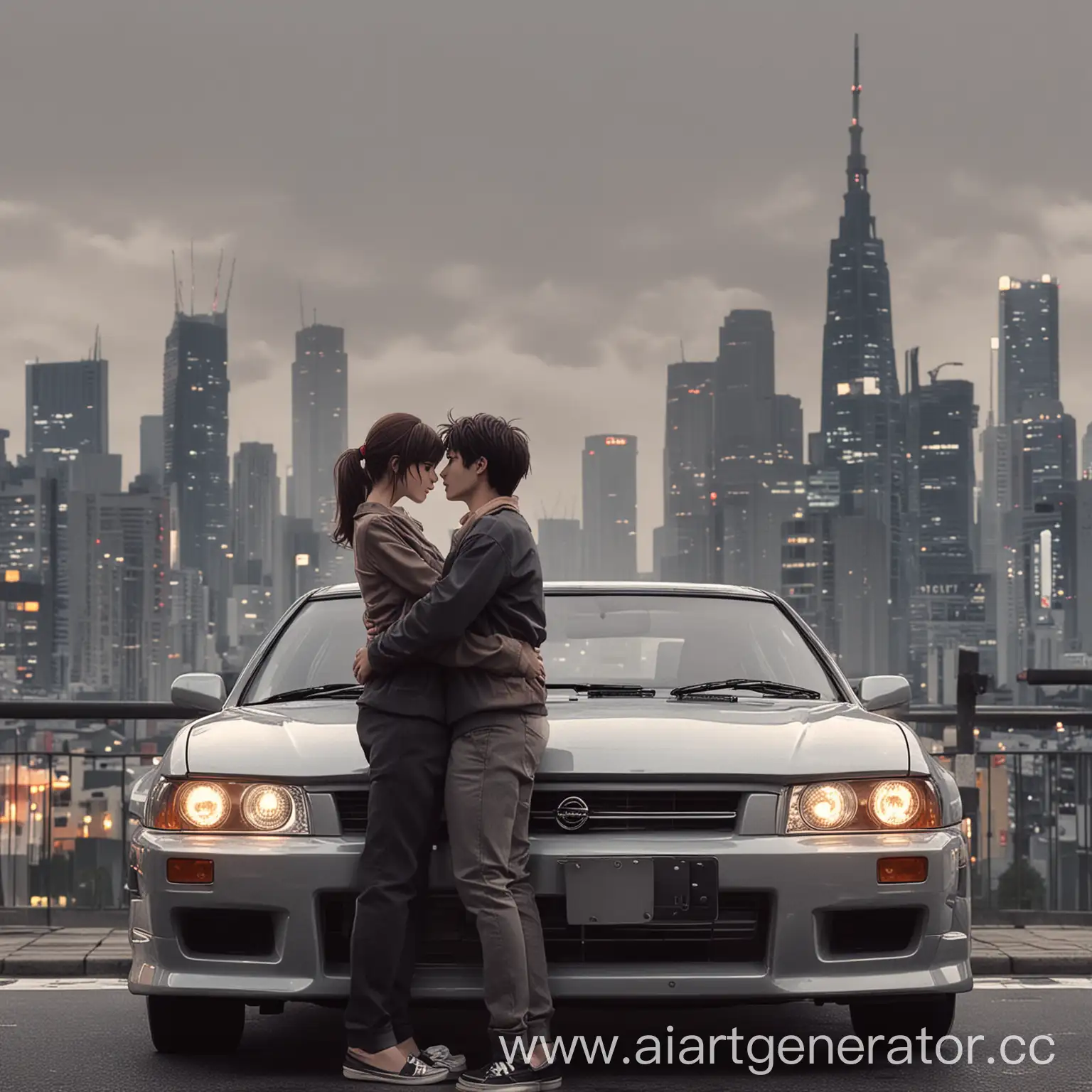 Влюблённая пара на фоне машины Nissan Skyline серая. Стиль аниме
