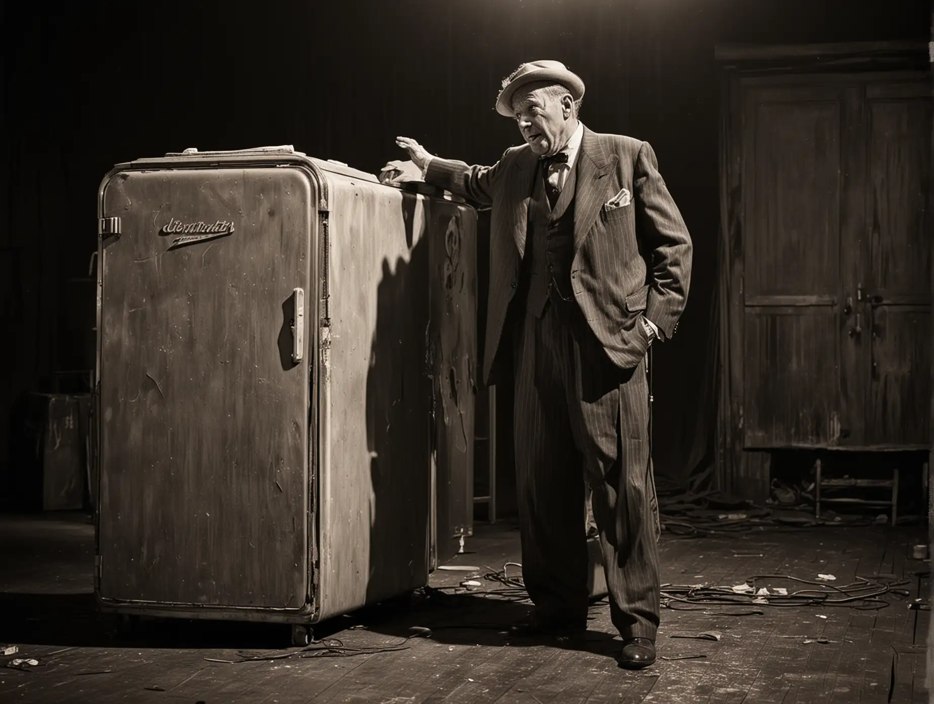 old crooner on stage with a battered old fashioned fridge 