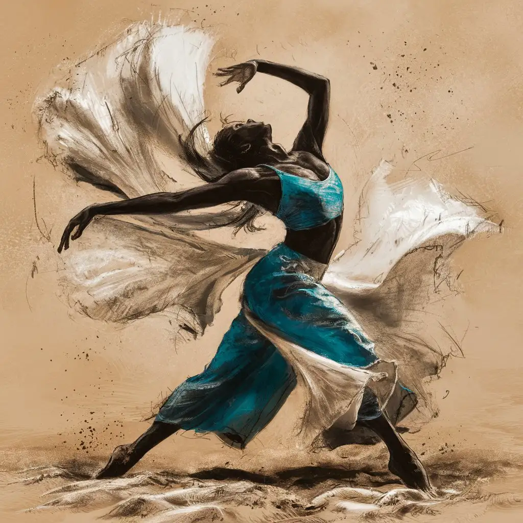 A dynamic dancer in motion in Charcoal style, with movement white and fabric azure smudged lines, Mediterranean color palette, sand background --style raw --ar 4:5 --s 250