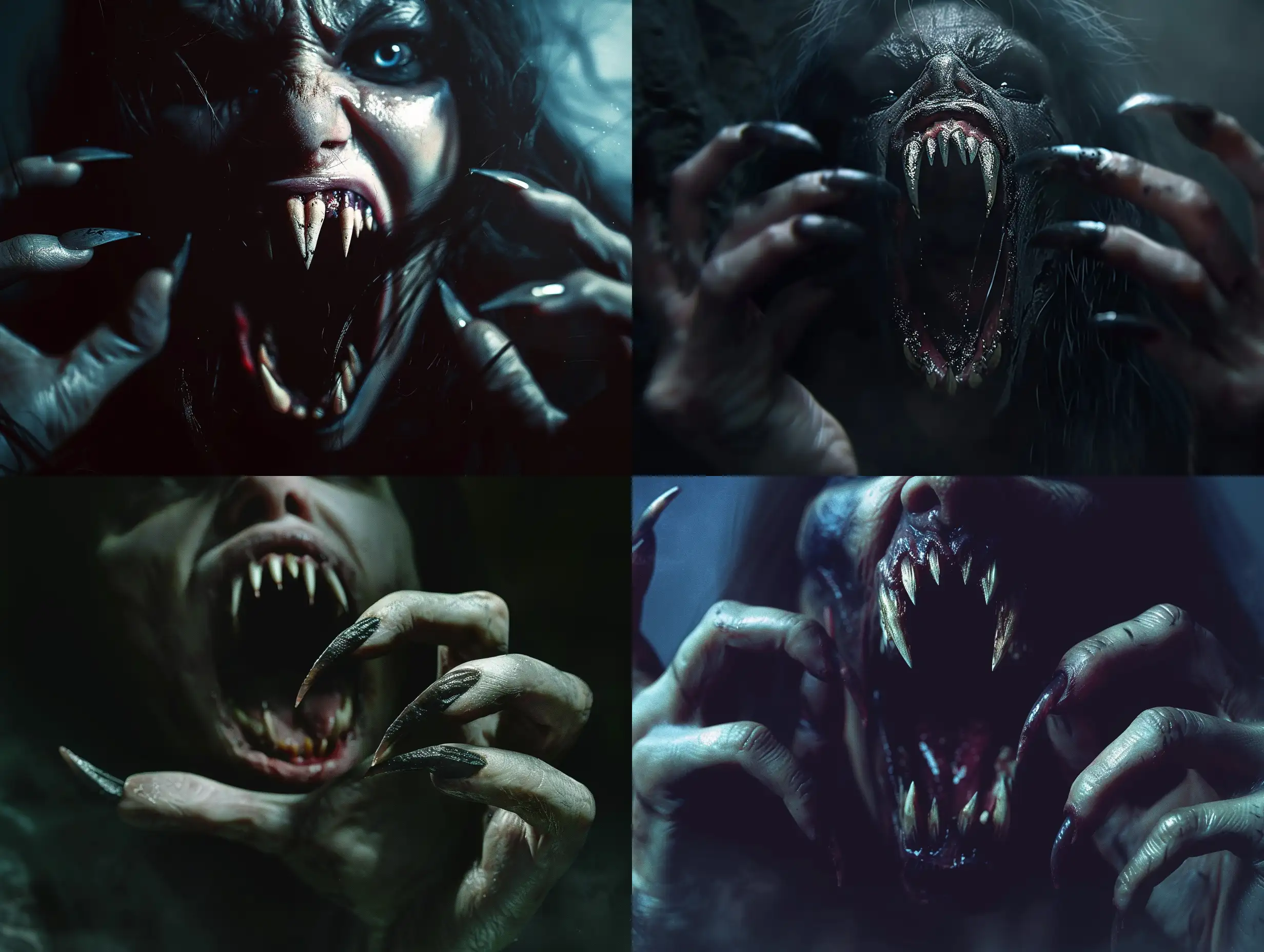A photorealistic nightmare scene of a wild vampire woman emerging from the darkness, her menacing mouth open to reveal terrifying fangs. Her long, pointed fingernails resemble the claws of a predator, adding to the eerie and haunting atmosphere. The vampire's appearance is grotesque, with every detail meticulously textured and detailed, from the anatomical accuracy of her hands with five fingers to the hyper-realistic rendering of her undead features. The cinematic quality of the scene intensifies the horror, creating a nightmare-inducing image that is both aggressive and intensely creepy. The atmospheric lighting adds to the overall sense of terror, making this an incredibly detailed and realistic portrayal of a monstrous vampire