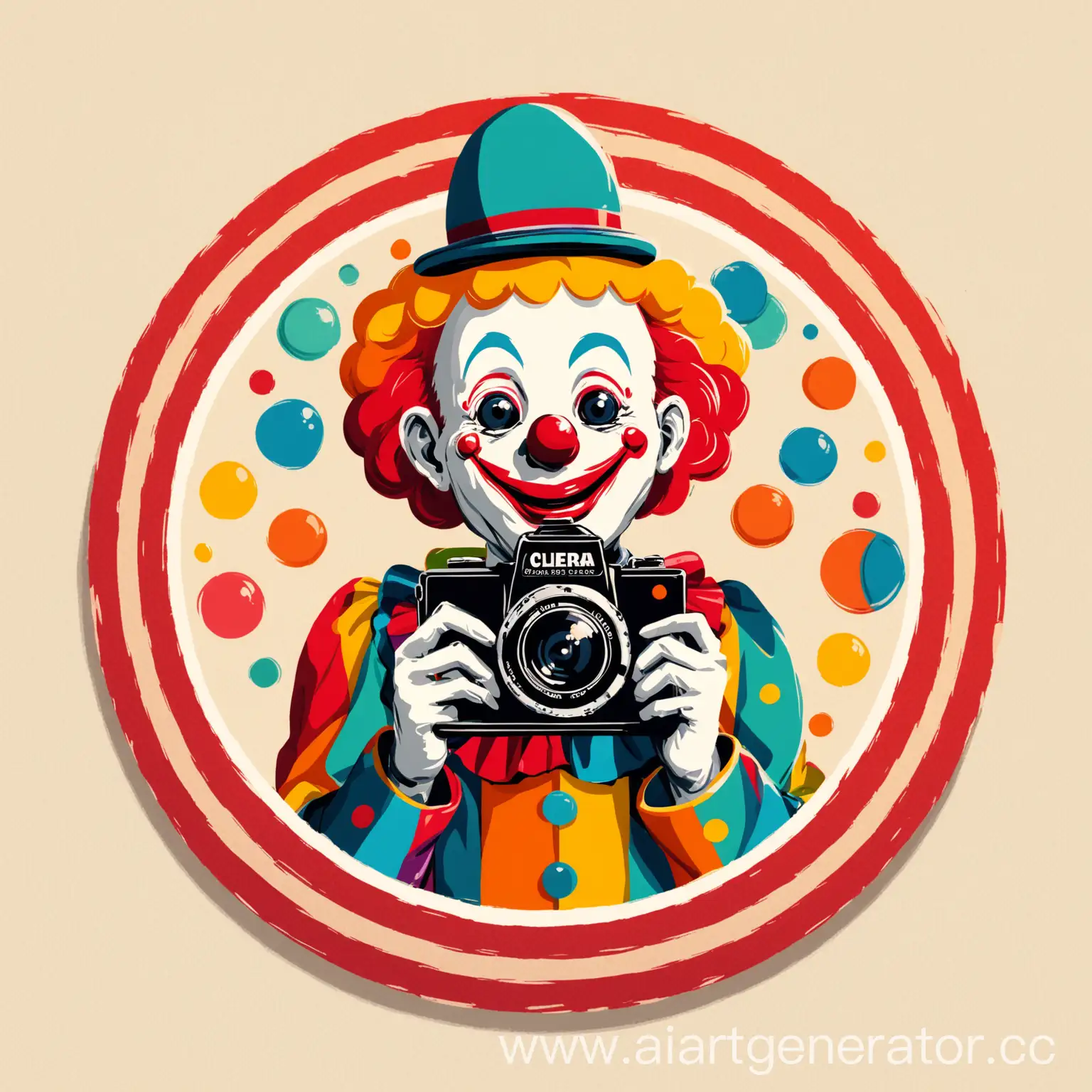 круглый логотип с клоуном и камерой
