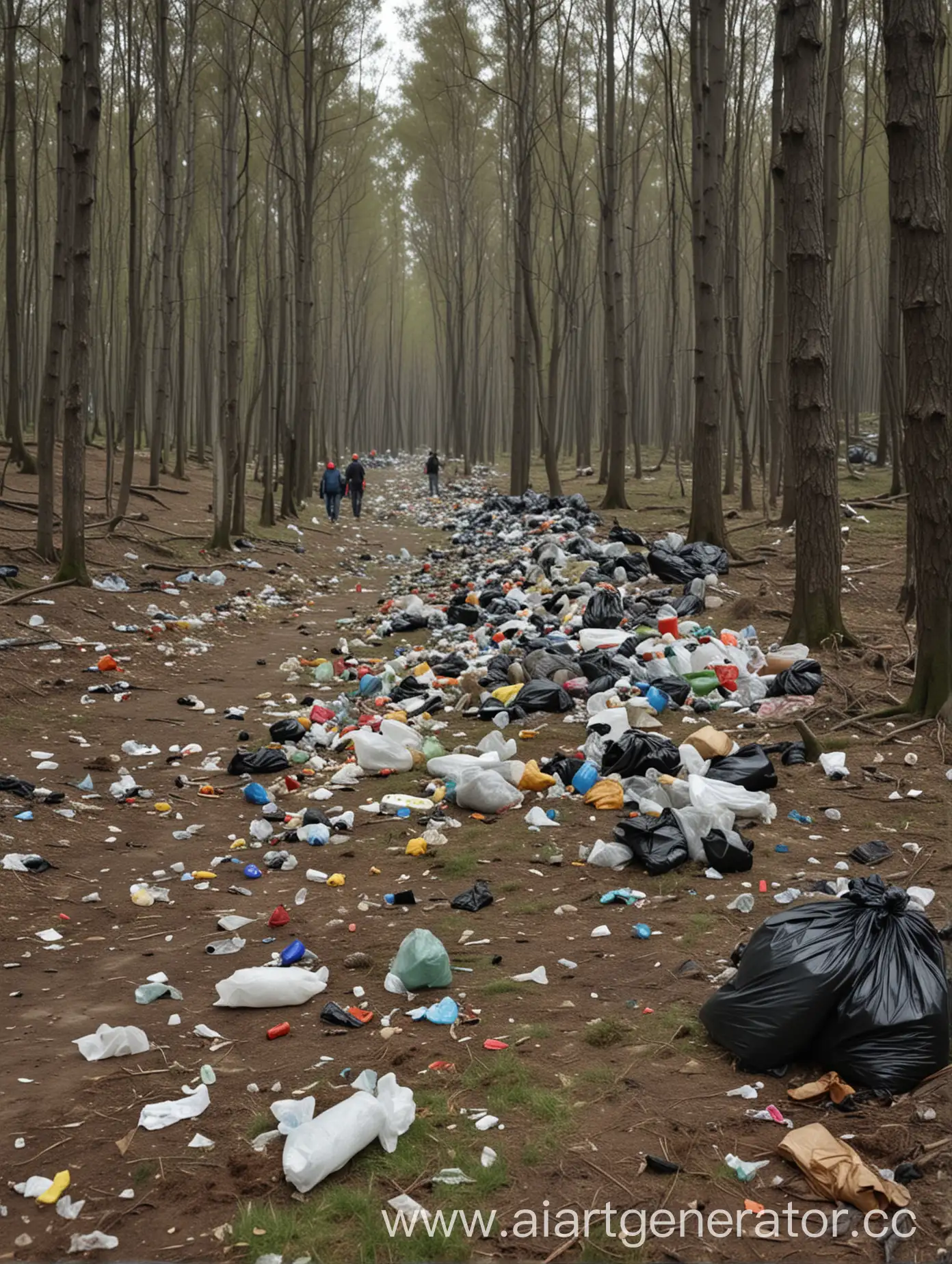 Люди убираются в лесу, нагинаются к мусору. Мусор, бутылки, куча мусора в дали, деревья. 4к качество