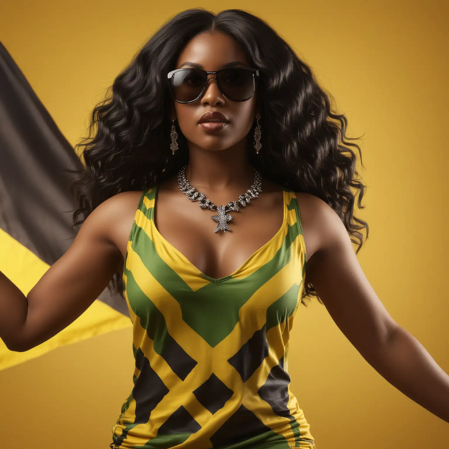 ULTRA REALISTIC high definition, CURVY DARK SKIN BLACK WOMAN, WITH LONG BLACK HAIR, BLACK DIAMOND SUNGLASSES, WEARING A SMALL Jamaican flag DRESS, A DIAMOND NECKLACE, DANCING, ON A yellow BACKGROUND IN CINEMATIC LIGHTING