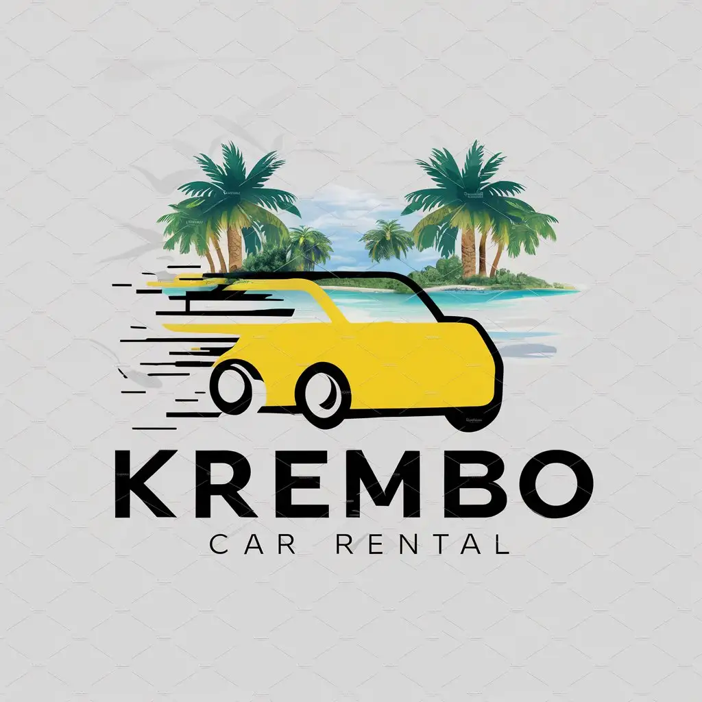 a logo design,with the text "Krembo Car rental", main symbol:yellow car, hands shaking, island background,Moderate,be used in Others industry,clear background