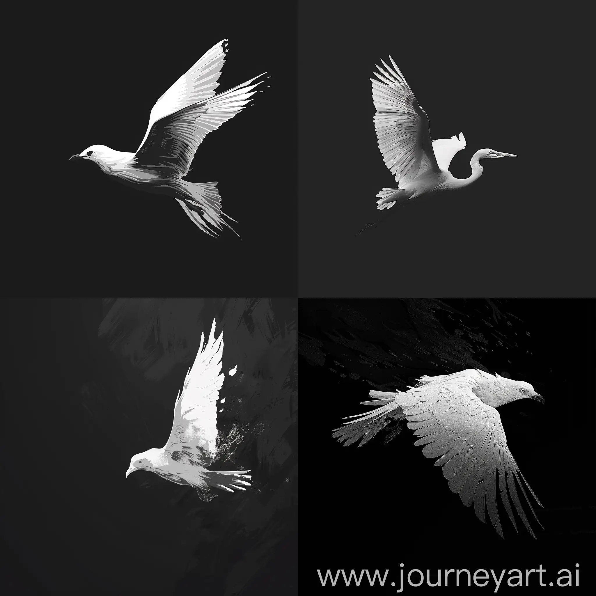 create a vector, white big bird flying away, dark background, 2d illustration, no colors, black and white, dark theme, indie
