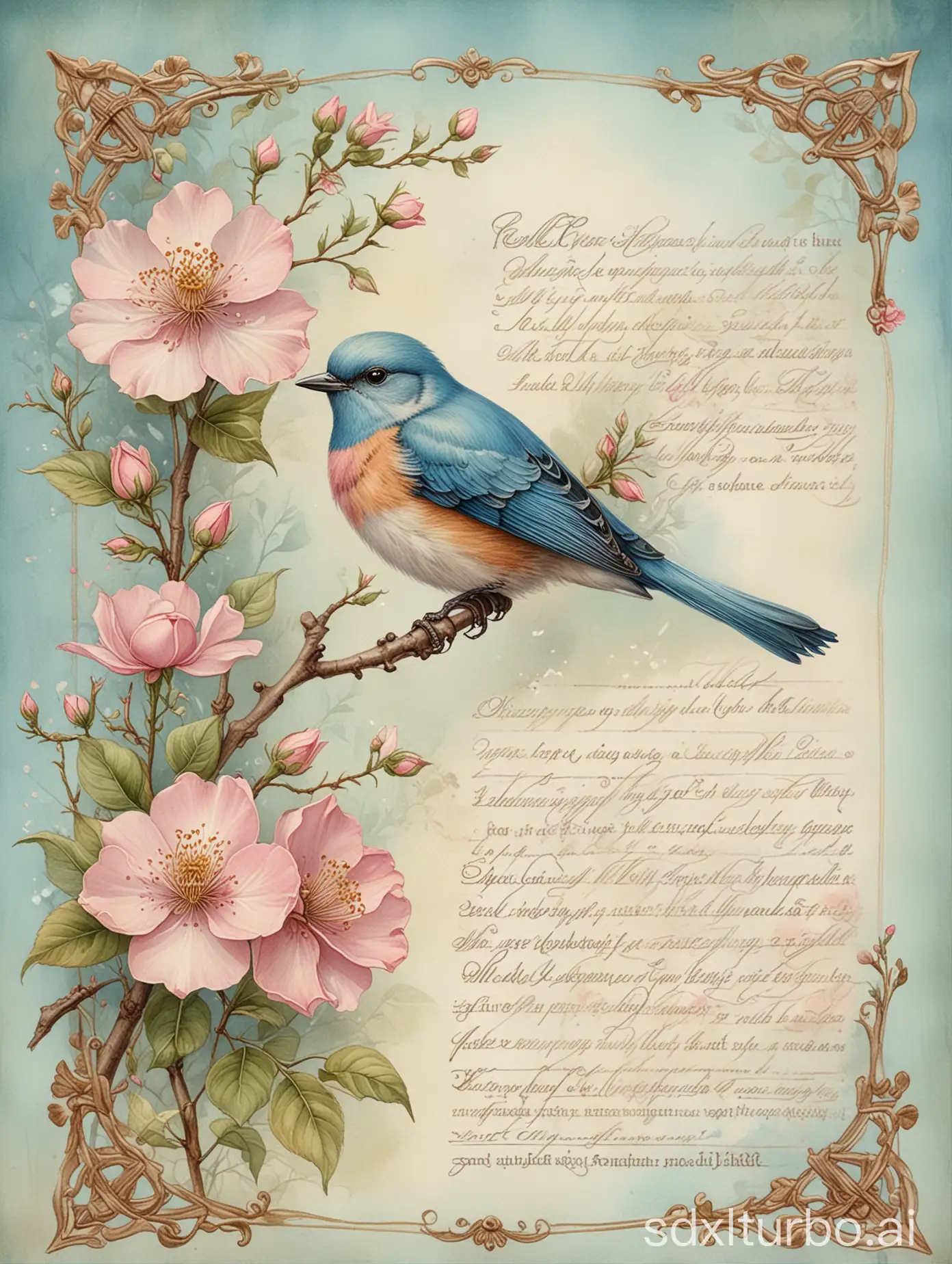 an old vintage loveletter with handwritten text, bordered with delicate light-blue splashes and pale pink Wildroses, A small paradise bird sits on a twig, art nouveau embellishments, richly detailed delicate and intricate drawing and watercolor painting