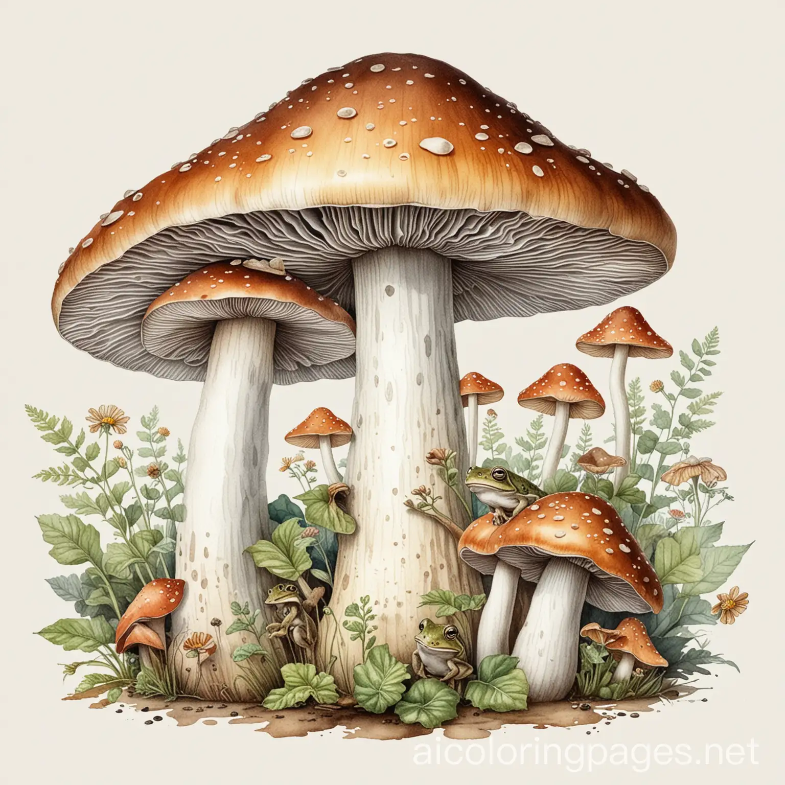 Stunning Vintage Mushrooms with two frogs under the mushroom Watercolor Illustration , Coloring Page, black and white, line art, white background, Simplicity, Ample White Space. The background of the coloring page is plain white to make it easy for young children to color within the lines. The outlines of all the subjects are easy to distinguish, making it simple for kids to color without too much difficulty