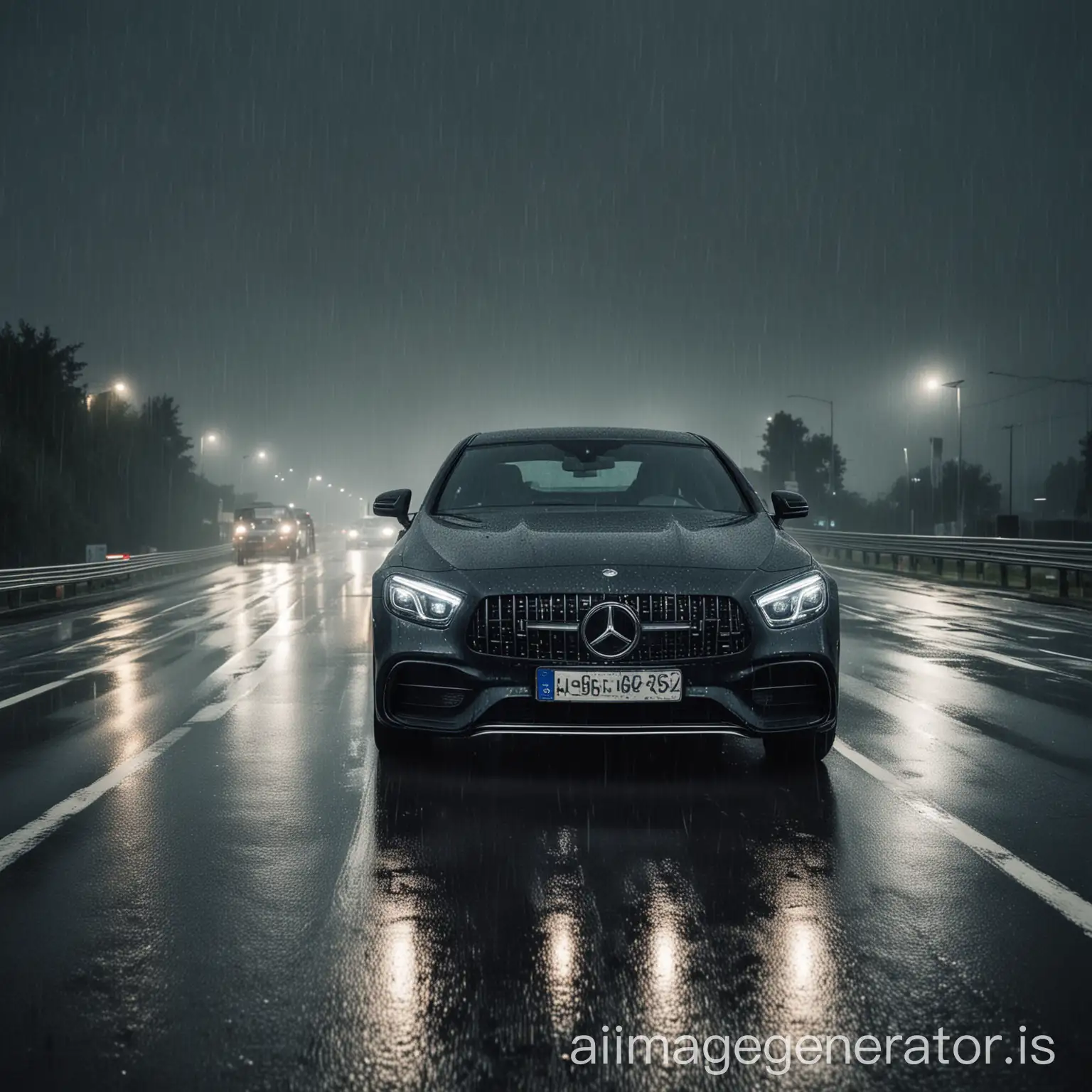 driving on the high-speed road in the rainy night's Mercedes-Benz car