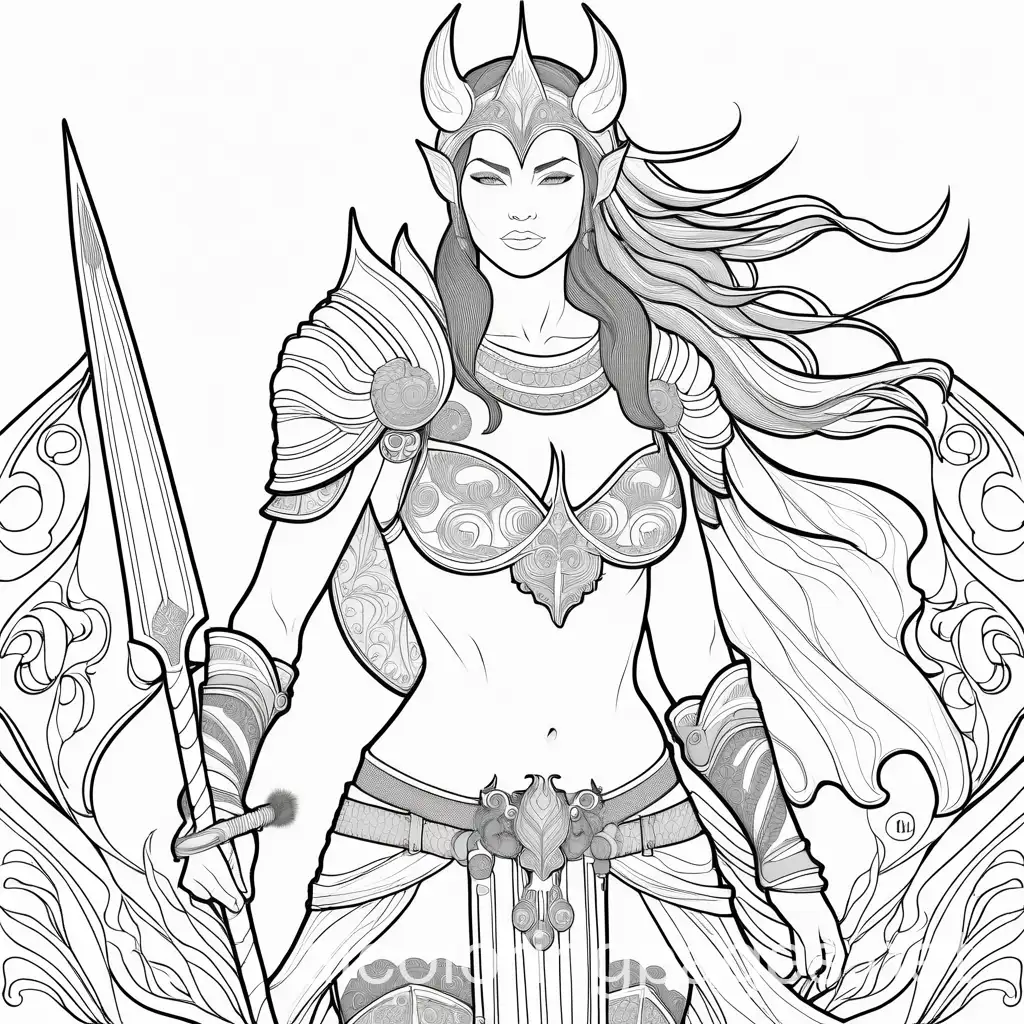 Half naked warrior woman with fur armor and lots of pubic hair, Coloring Page, black and white, line art, white background, Simplicity, Ample White Space. The background of the coloring page is plain white to make it easy for young children to color within the lines. The outlines of all the subjects are easy to distinguish, making it simple for kids to color without too much difficulty