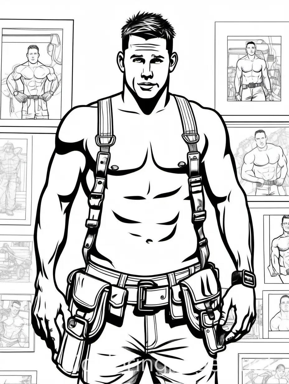 channing tatum shirtless wearing a tool belt, Coloring Page, black and white, line art, white background, Simplicity, Ample White Space. The background of the coloring page is plain white to make it easy for young children to color within the lines. The outlines of all the subjects are easy to distinguish, making it simple for kids to color without too much difficulty