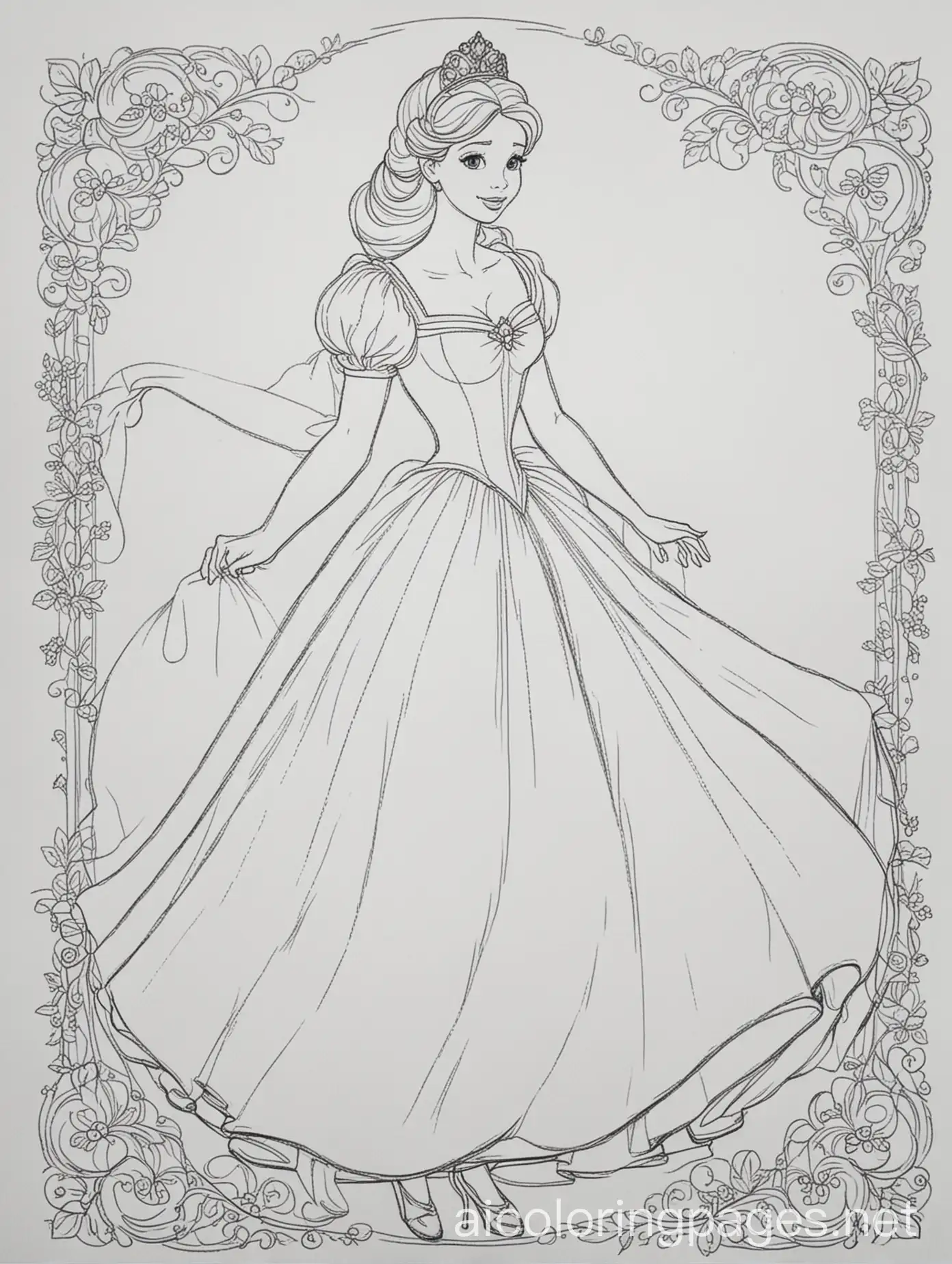 Cinderella uncolored drawings
, Coloring Page, black and white, line art, white background, Simplicity, Ample White Space. The background of the coloring page is plain white to make it easy for young children to color within the lines. The outlines of all the subjects are easy to distinguish, making it simple for kids to color without too much difficulty