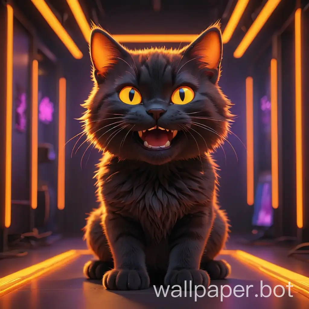 Create a 3D animated vector silhouette image of a smiling cat from a front angle, looking directly at the camera, with a frontal view, in a room lit with orange neon lights, a gaming room.