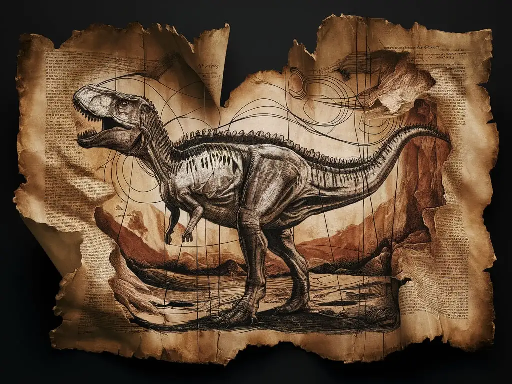 An ancient document with an ancient dinosaur in the style of Da Vinci, Dadaism, detailing