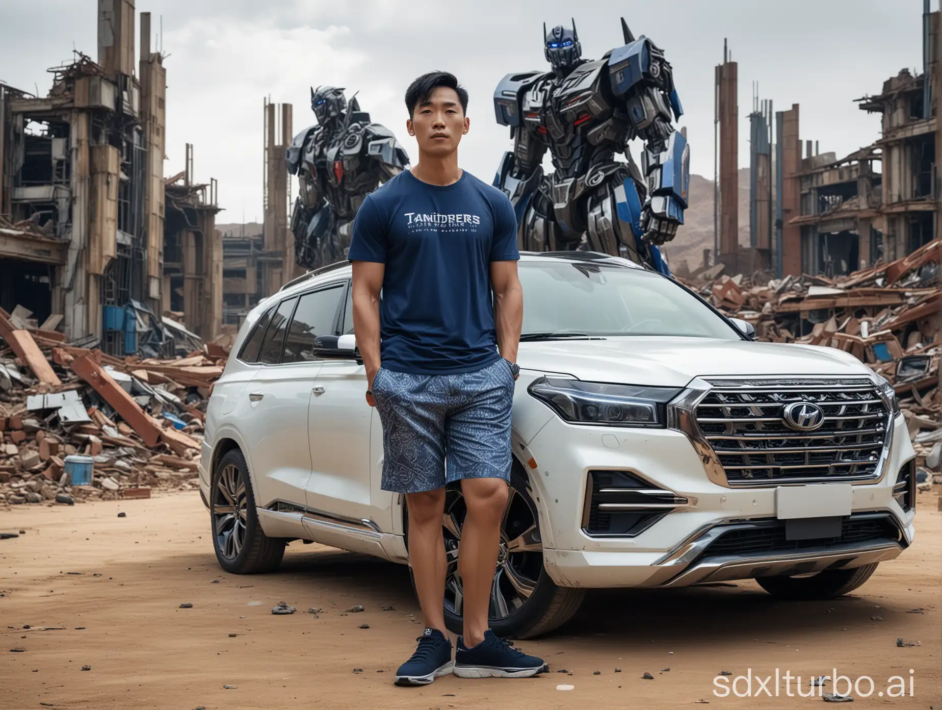 A 33 years old Asian man with a slimmer lower body, wearing a dark blue short-sleeved gym top, light blue shorts, and black sports shoes, poses in front of a sleek white 2022 Hyundai Palisade with ornate calligraphy wheels. He wears a Samsung watch on his left wrist and has a commando-style short haircut. The man covers his face with both hands, as if playing peek-a-boo. In the background, the iconic Transformers leader Optimus Prime stands tall, his gleaming red and blue body a striking contrast to the desolate post-apocalyptic ruins surrounding them. The image is a unique blend of modern technology, futuristic sci-fi, and playful humor.