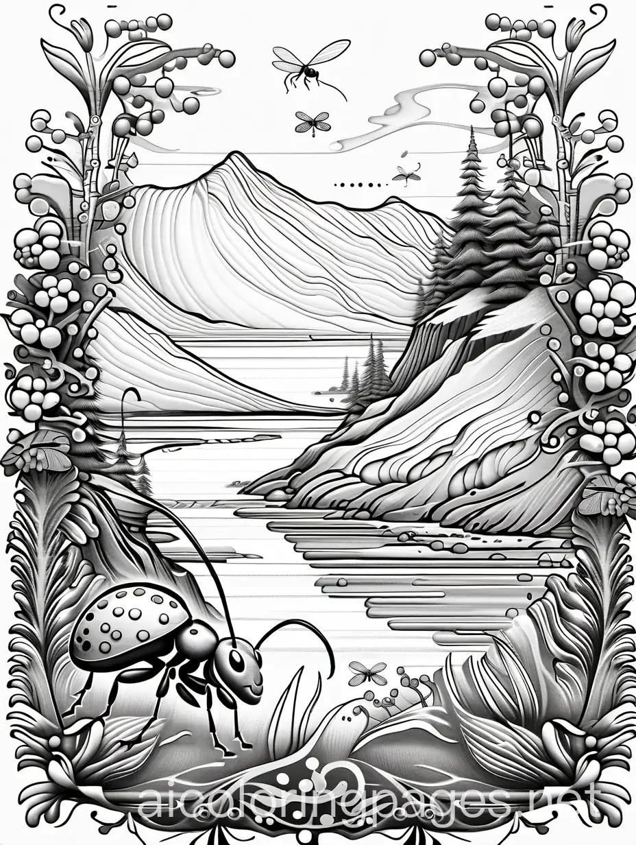 Pen and ink sketch, ant, illustration by Jean Baptiste Monge ,highly detailed ,elegant ,fantasy ,intricate ,very attractive ,beautiful ,high detail, Coloring Page, black and white, line art, white background, Simplicity, Ample White Space. The background of the coloring page is plain white to make it easy for young children to color within the lines. The outlines of all the subjects are easy to distinguish, making it simple for kids to color without too much difficulty