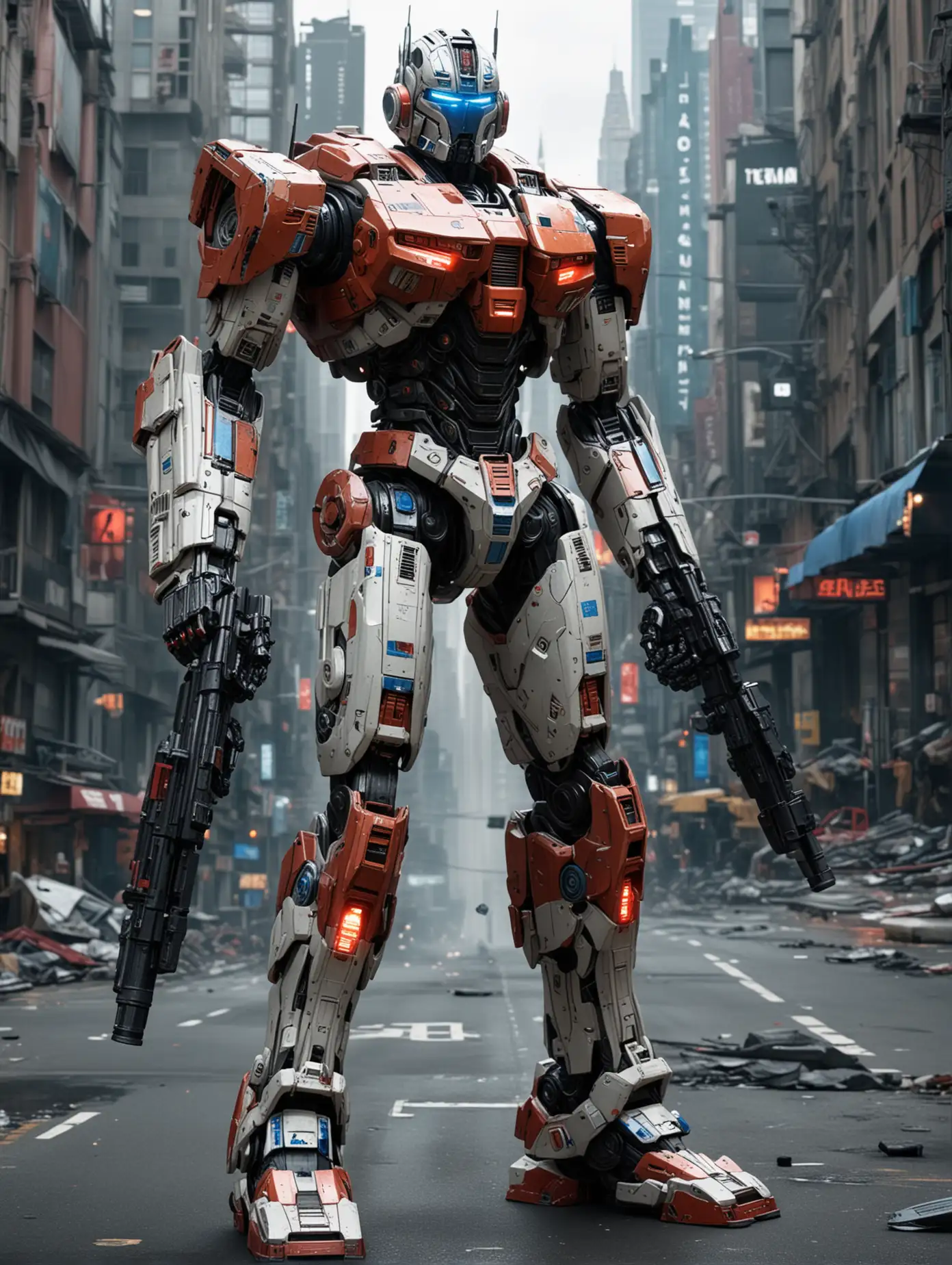 Post-war city background with a full-body view autonomous warrior in a holographic transformers mech in the interstellar suit up armored style of an space soldier mech, carry simply long barrel canon, broken white red blue color graphic line.