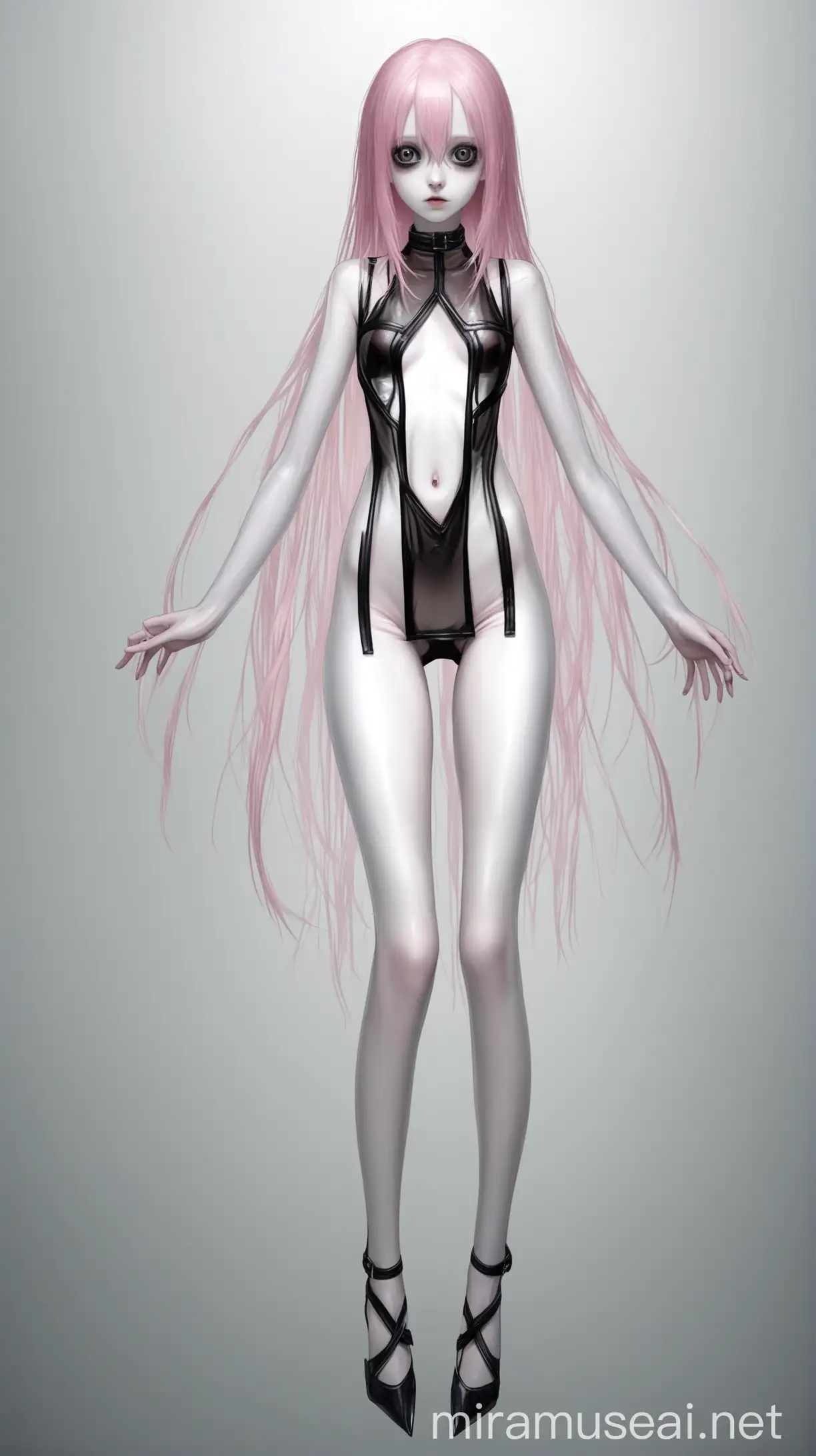 Pale Girl with Pink Hair in Transparent Clothing and Wet Hair