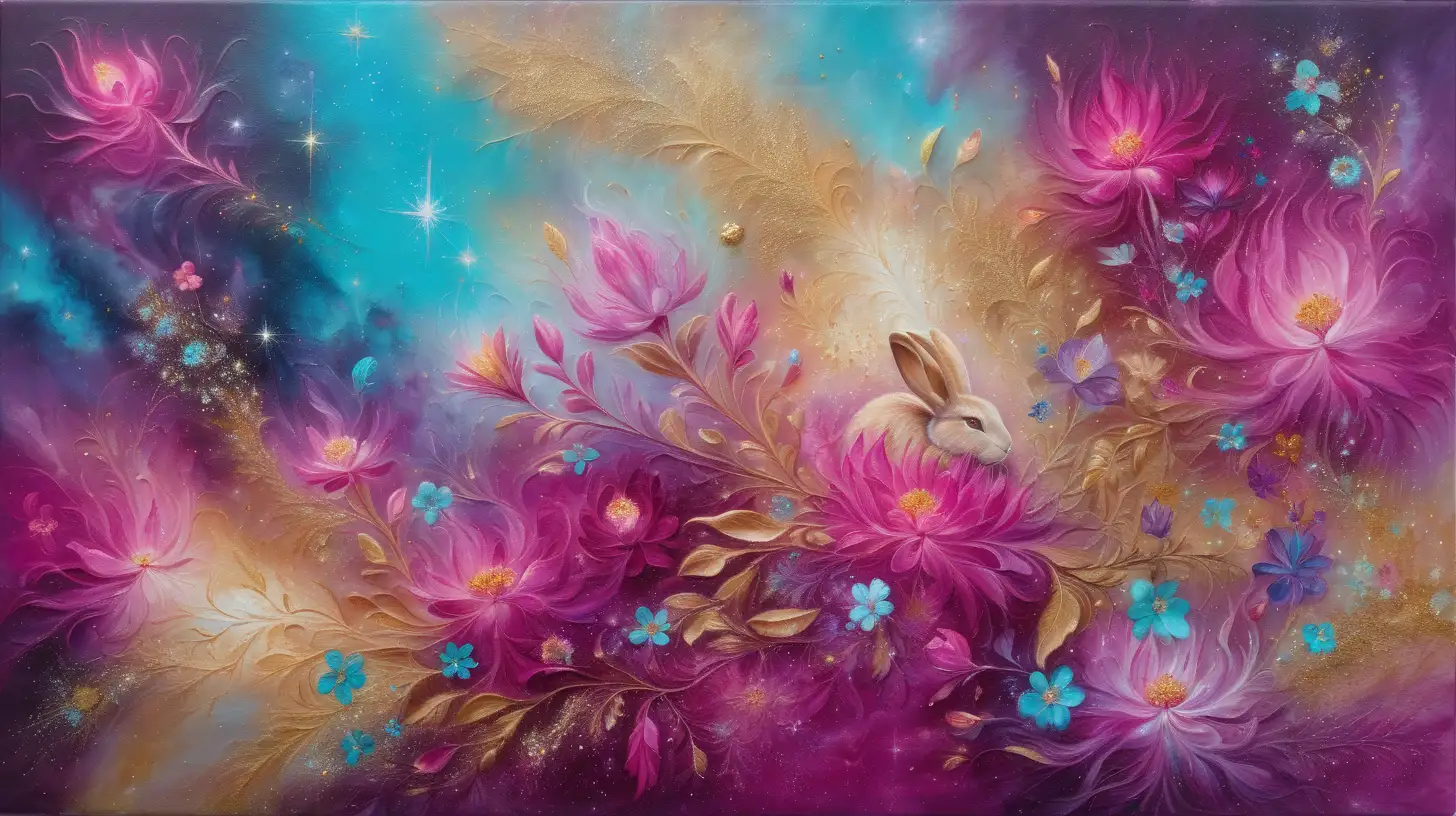 textured oil painting of abstract art of florescent colors-pinks and purples and golden-magentas in golden dust and a magical turquoise glow with luminescent  magenta flowers, magenta-fire rabbit among galaxies.