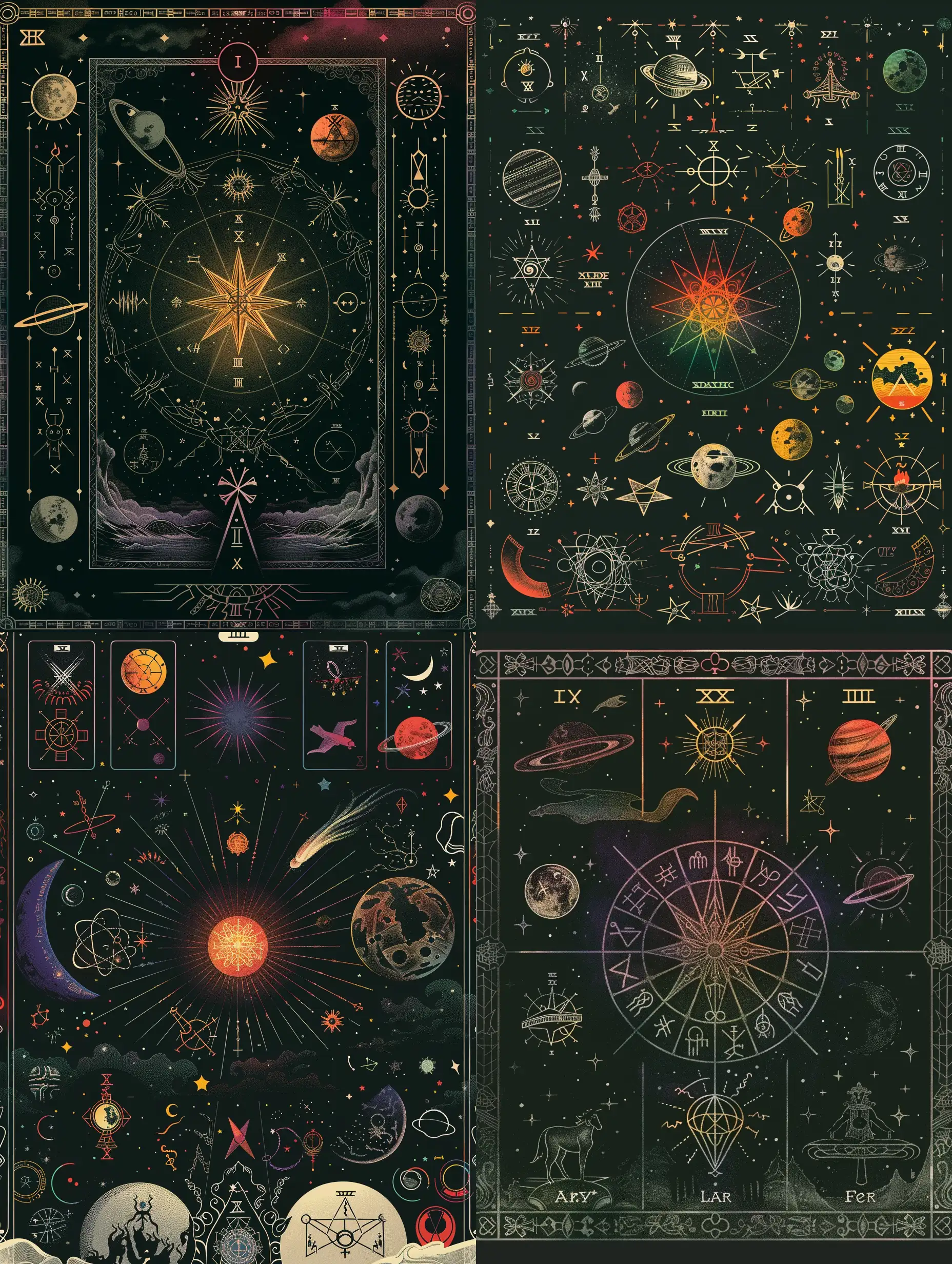write a cover for tarot cards in dark colors on which to display symbols of all planets, zadiac signs, chakras and elements water, earth, air and fire. 