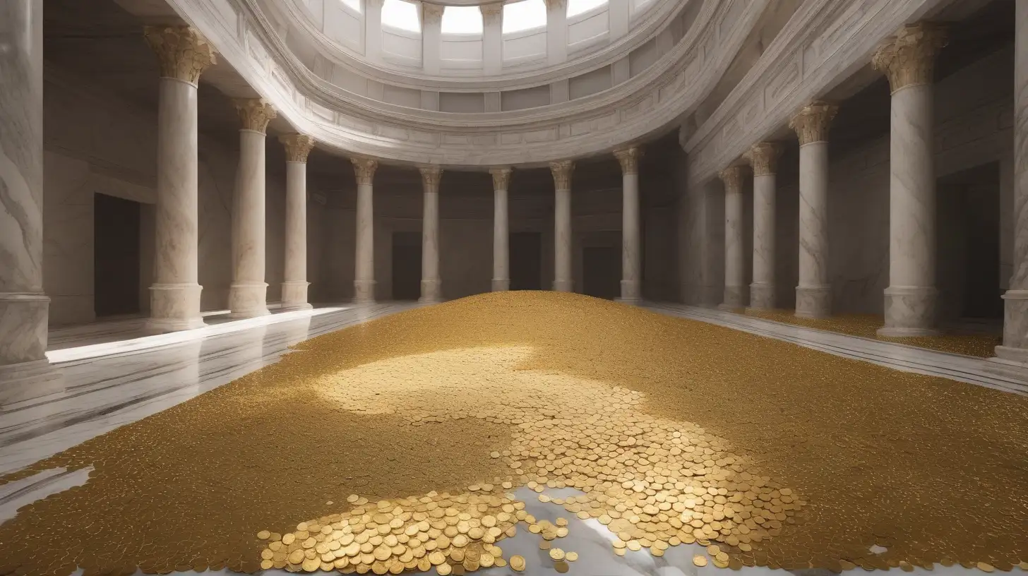 époque biblique, un monticule de milliers de pièces d'or posé dans une salle fermée, un monticule de milliers de pièces d'argent posé dans cette salle en marbre