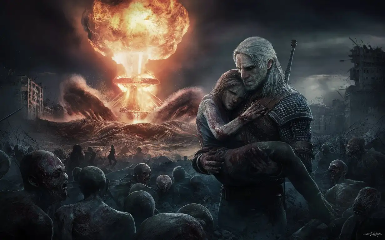 nuclear bomb explosion goes nuclear explosion goes wave  from nuclear explosion megapolis destroyed by nuclear bomb zombie apocalypse many zombies scary atmosphere devastated city going rain Geralt sad face is crying embracing daughter sad face crying with wife sad face crying