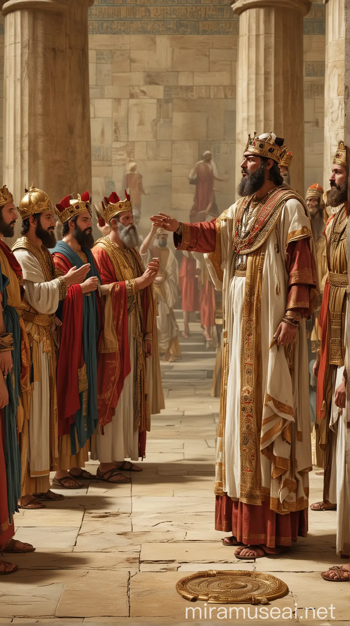Visualize Cononiah standing before King Hezekiah, receiving the royal decree to oversee the temple offerings.In ancient world 