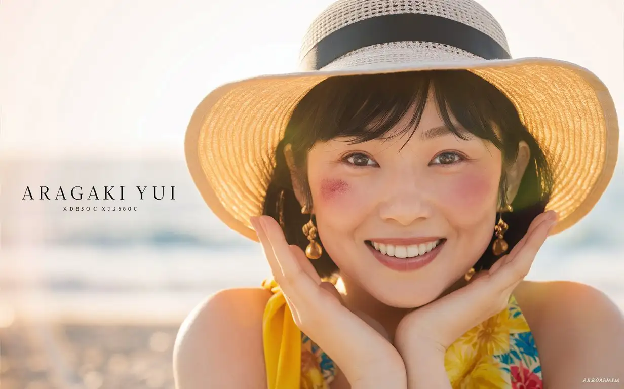 Portrait of a beautiful Aragaki Yui in a hat, smiling, with light red powder blusher, summer outfit, in a close up shot, with sunlight, outdoors, in soft light, with a beach background, looking at the camera, with high resolution photography, in the style of Hasselblad X2D50c --ar 85:128 --v 6.0 --style raw