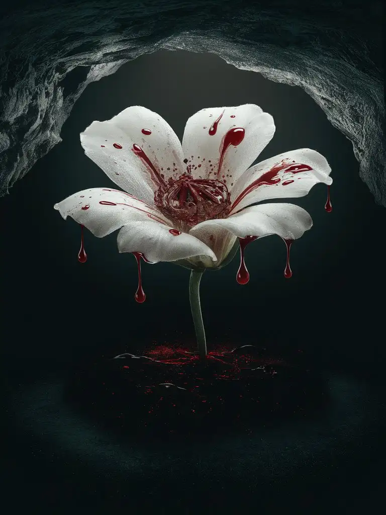  كهف في عالم فانتازيايظهر به زهرة بيضاء من فوق وعليها قطرات من الدم ومن اسفل الزهرة يتحول لونها للاسود