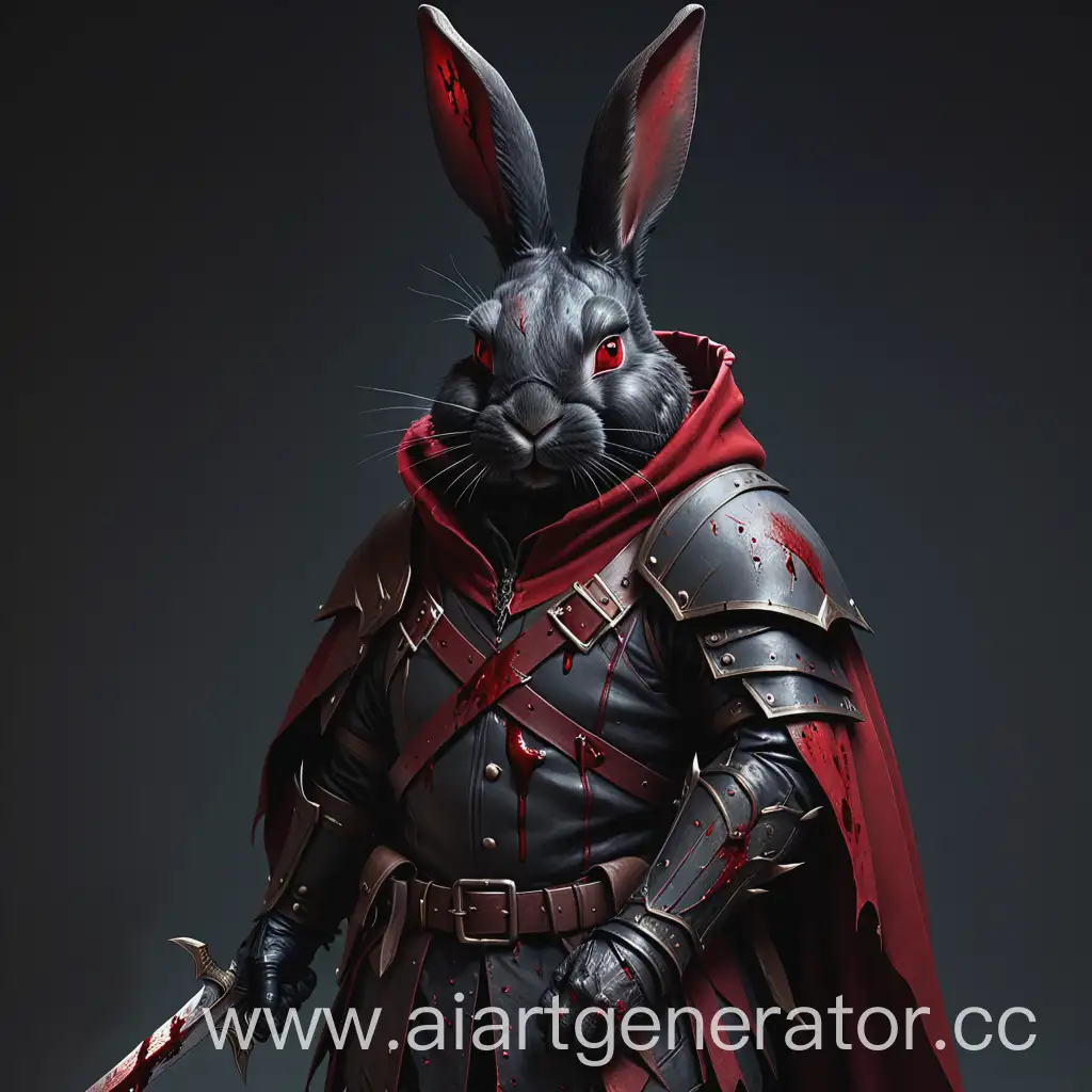 Гуманоидный чёрный кролик в кожаной броне с кинжалом в руке и красным плащом, с пятном крови на мордочке