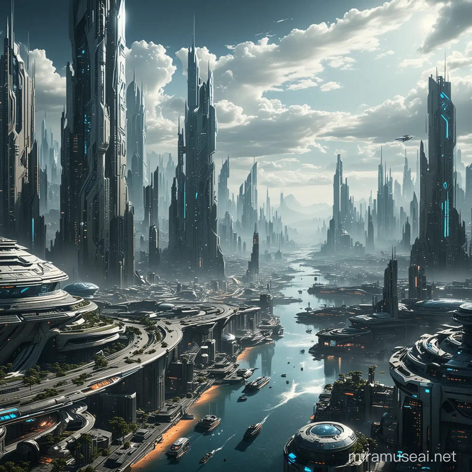 ciudad futurista, vista de lejos