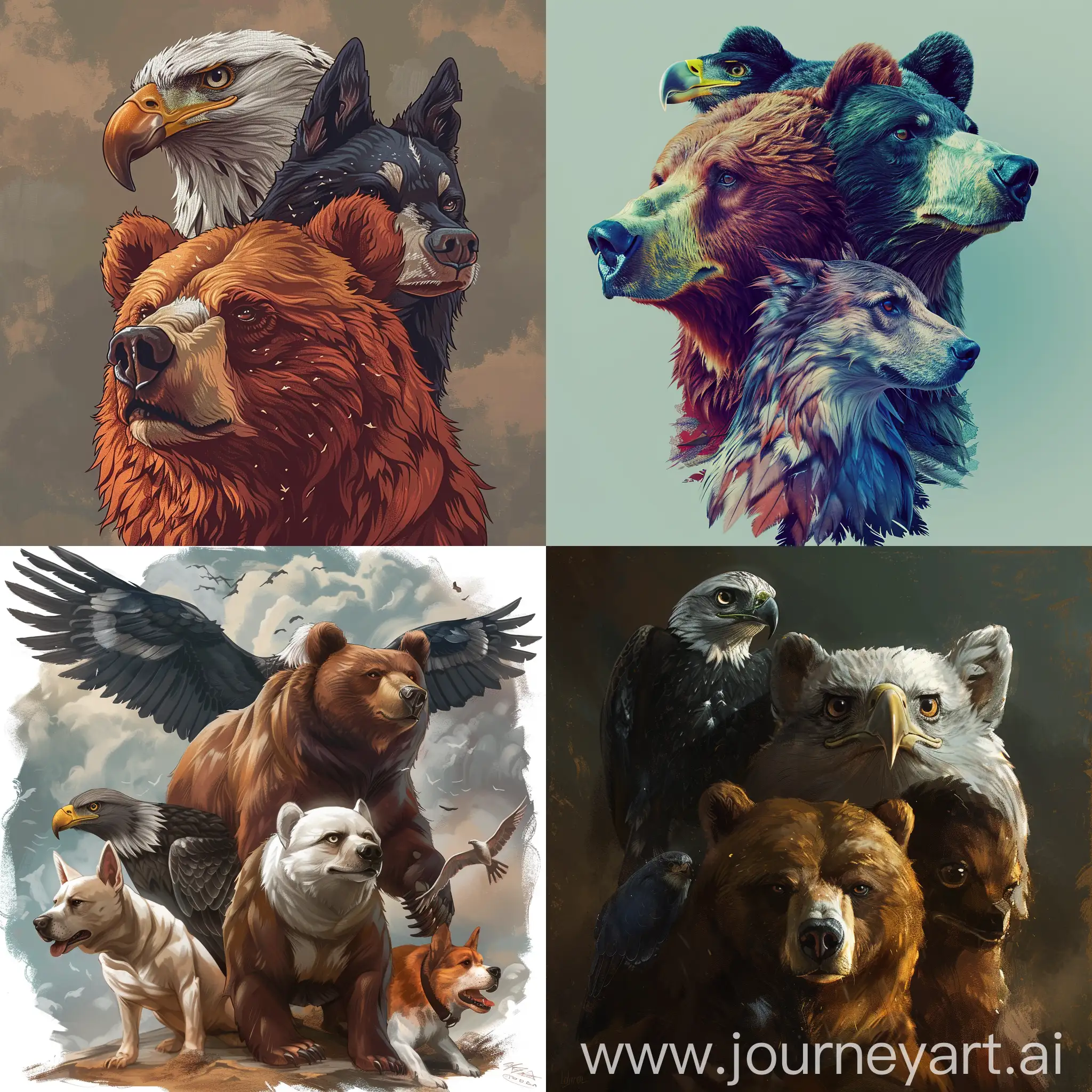 create an imagine with a bear, an eagle and a dog mixed together 