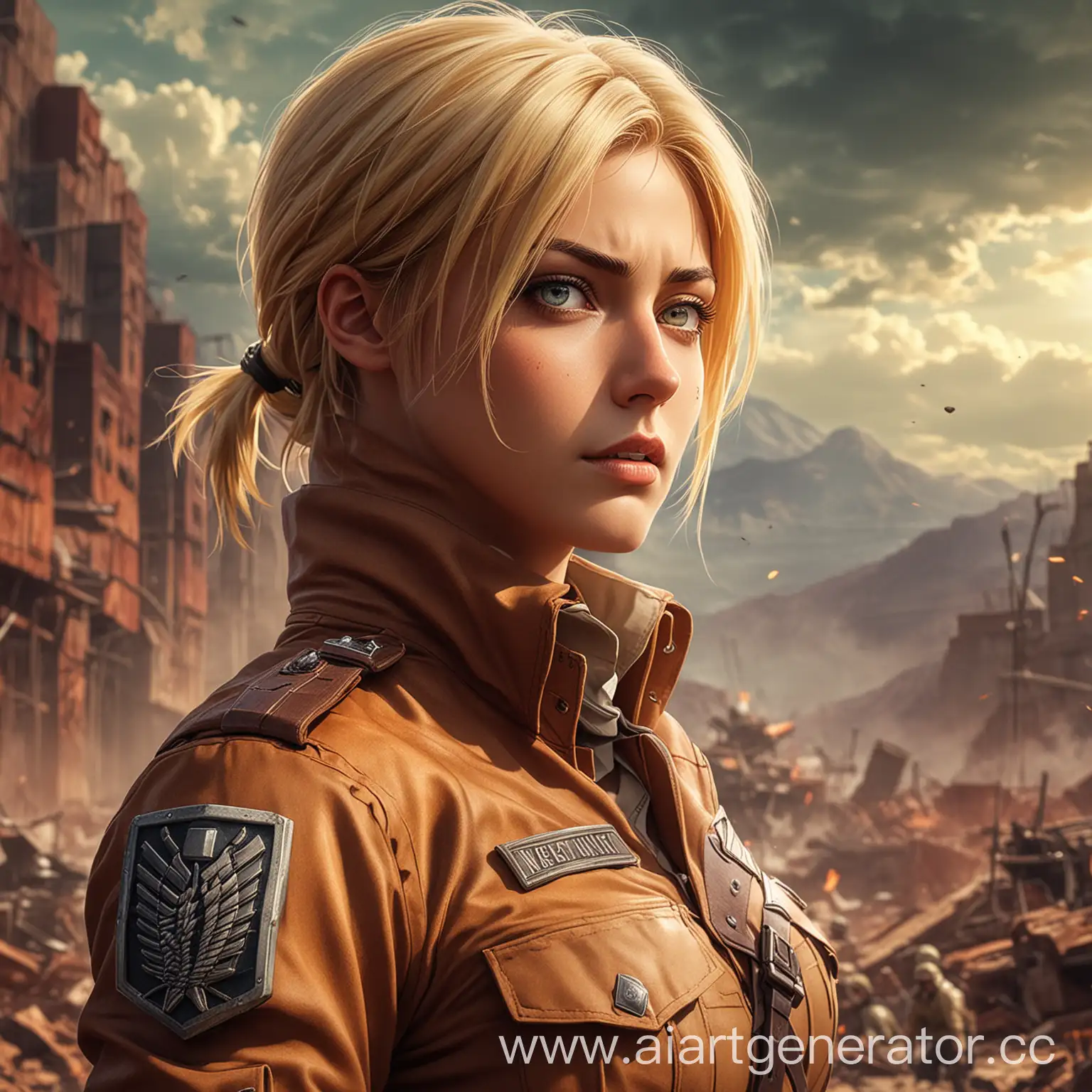 Annie Leonhart from Attack on Titan captured in mid-battle, Survey Corps uniform reflecting  she is the perfect combination of determination and grace, set against vibrant hues of an apocalyptic backdrop, with rich, deep colors emphasizing the intensity of the scene, digital painting, high dynamic range, ultra realistic, dramatic lighting.