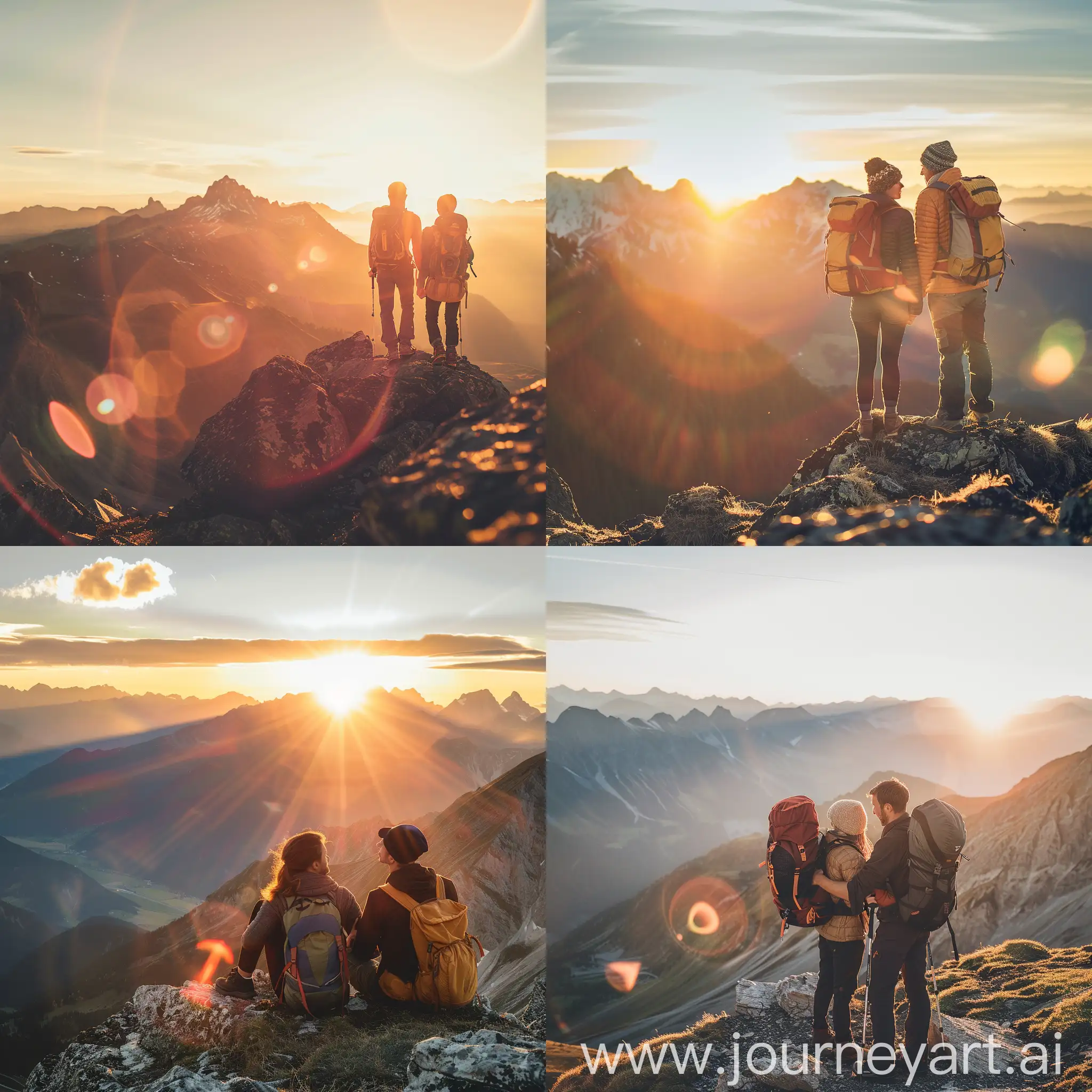  Couple hiker on top of mountain looking at beautiful sunrises landscape,super touching,super motivational,super real humans,lens flare.
