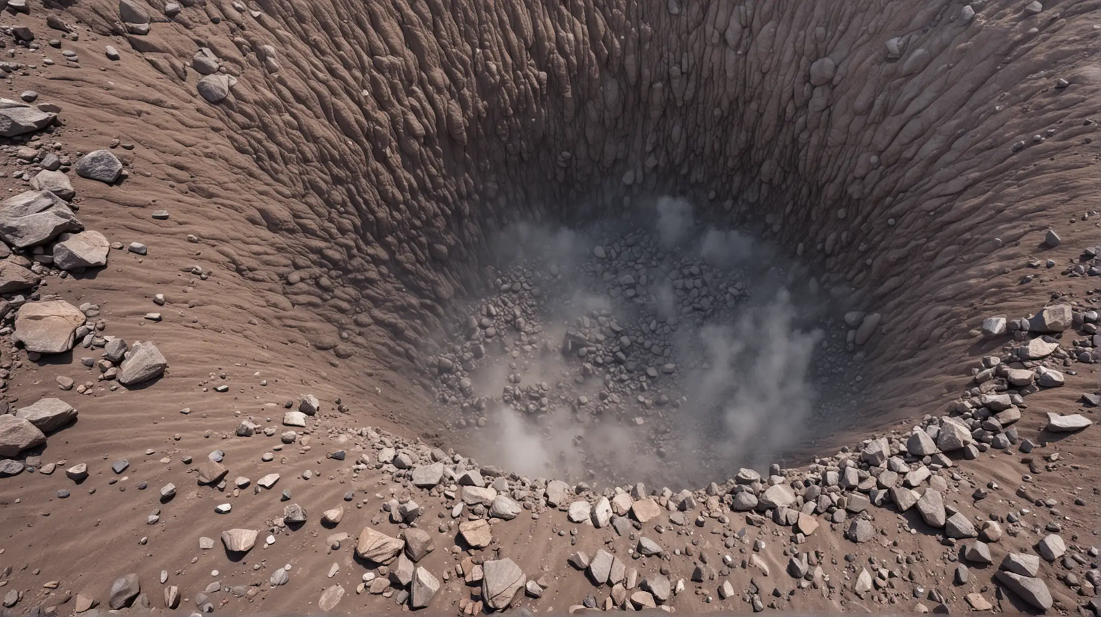 overhead point of view of the bottom of a giant crater from an explosion fill with rocks on a cloudy day