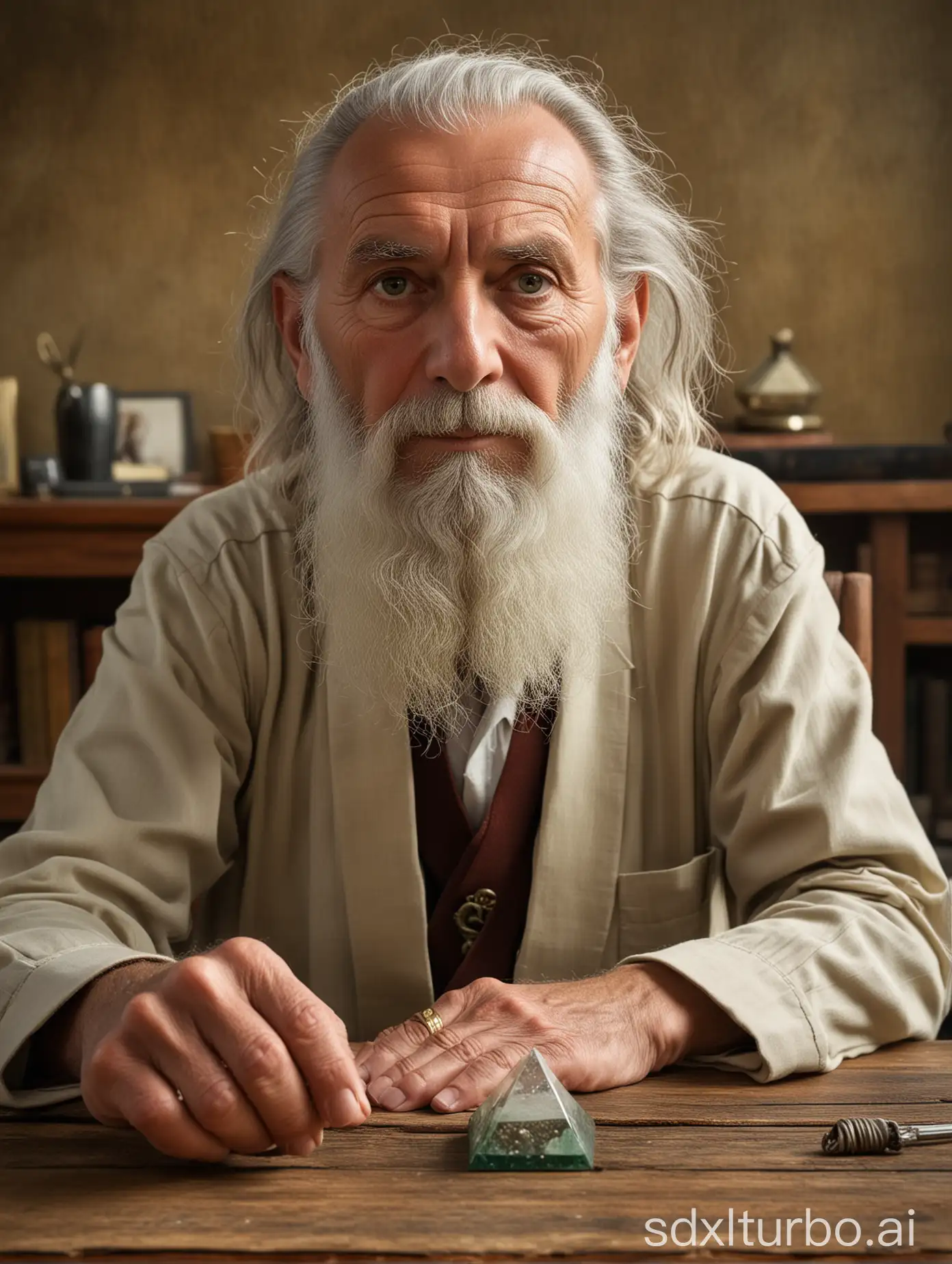 a 70 year old sage sitting behind the desk with a small orgonite pyramid on his hand,    wearing white rope, short hair, long beard, front view, eyes looking at the viewer, by canon, very realistic, photo view