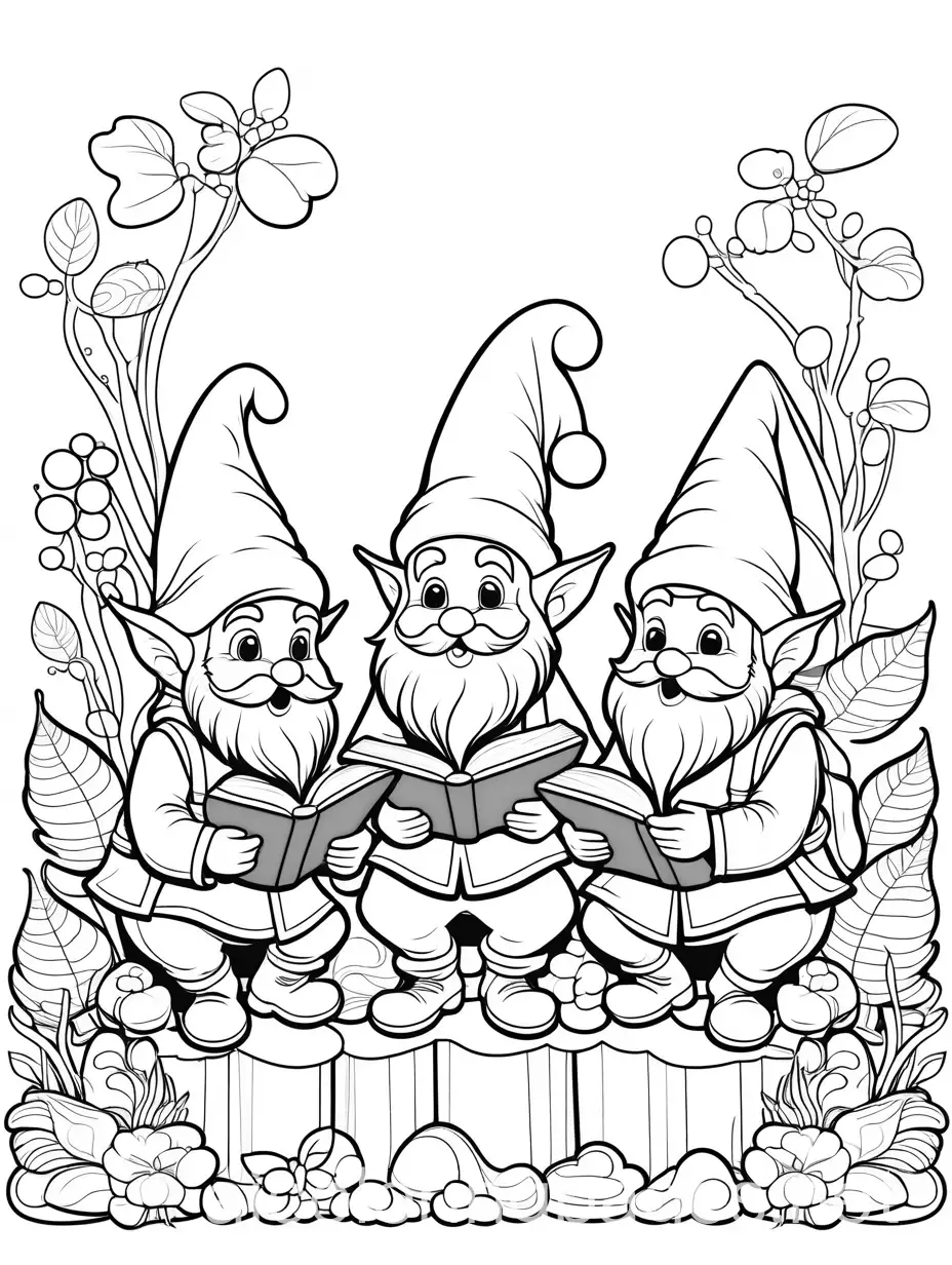 cartoon gnomes reading books, Coloring Page, black and white, line art, white background, Simplicity, Ample White Space. The background of the coloring page is plain white to make it easy for young children to color within the lines. The outlines of all the subjects are easy to distinguish, making it simple for kids to color without too much difficulty