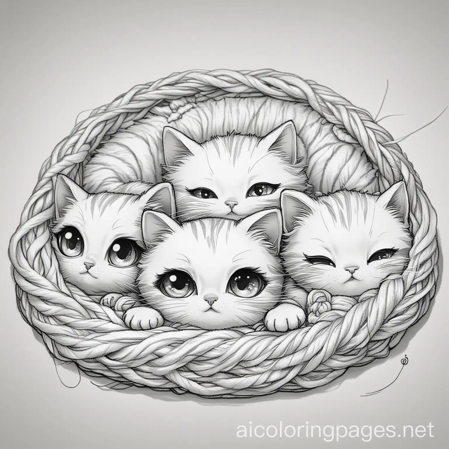 Tiny cats with big eyes, playing with yarn or napping anime style
, Coloring Page, black and white, line art, white background, Simplicity, Ample White Space. The background of the coloring page is plain white to make it easy for young children to color within the lines. The outlines of all the subjects are easy to distinguish, making it simple for kids to color without too much difficulty