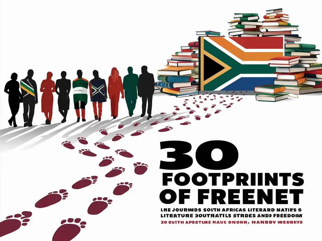 Create a cover design featuring a trail people silhouettes in South African colours walking on a route, large trail of footprints tracking infront of them to a pile of books stacked before a South African flag with other silhouettes reading books, Title "30 Footprints of Freedom: South Africa's Literary Strides Towards Democracy and Beyond" silhouettes of the rainbow nations diverse community walking towards books and literacy of liberation, white background