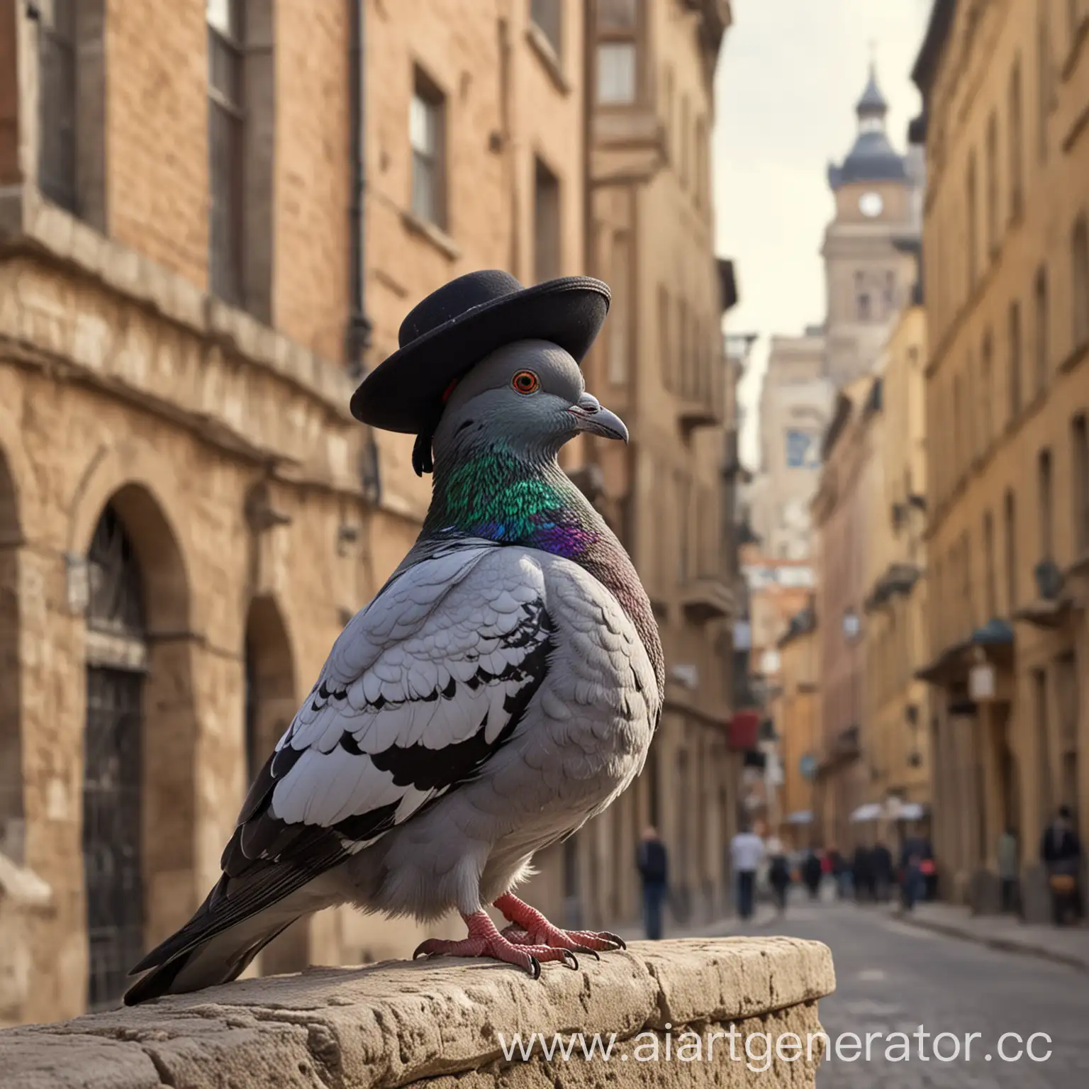 Urban-Bird-Pigeon-Wearing-Rabbis-Hat-in-City-Setting