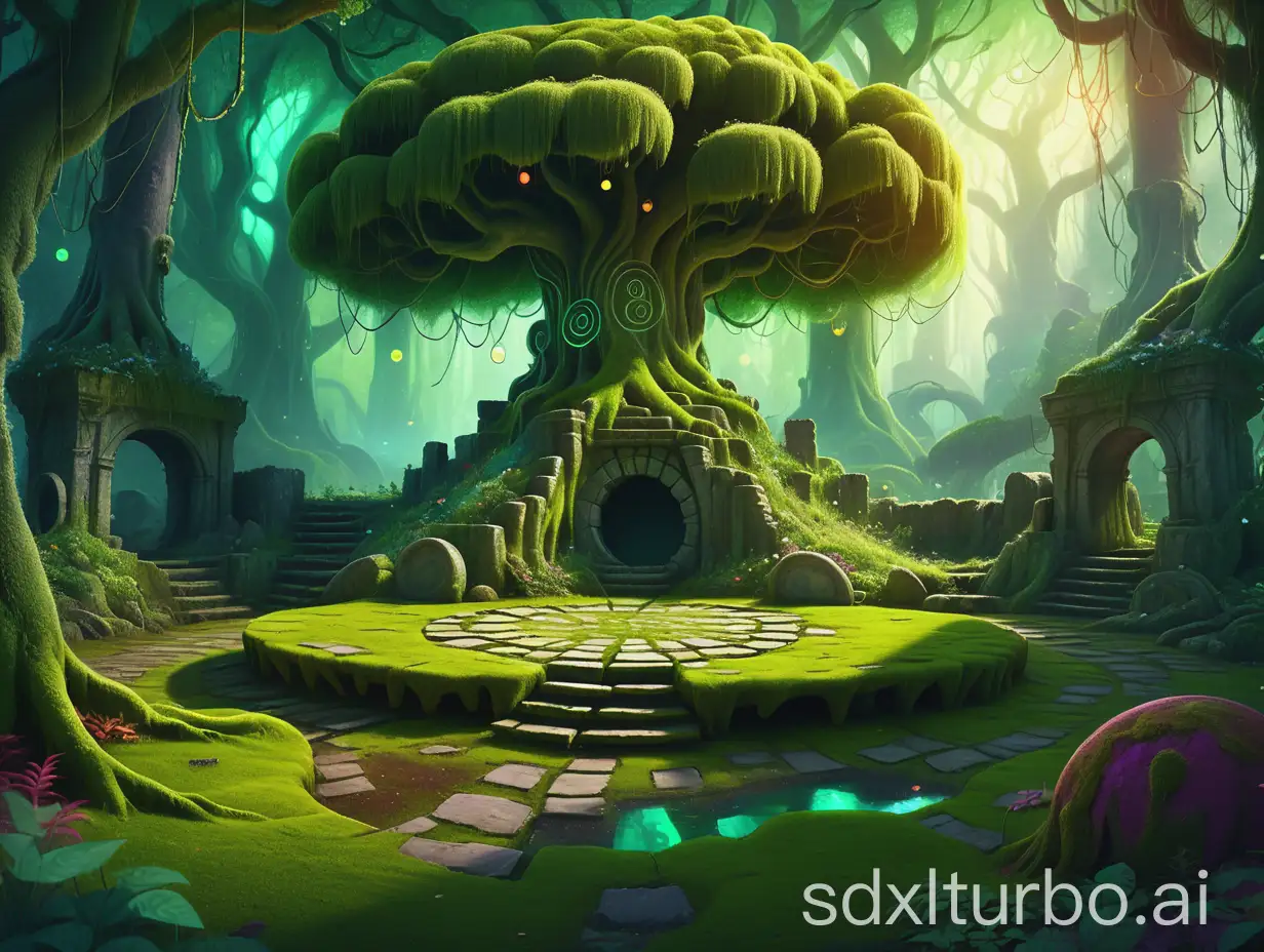 Fantasy landscape with vibrant colors, mystical forest setting, ancient stone ruins, circular flat platform in the center, overgrown with green moss and plants, large twisted tree roots, glowing orbs scattered around, ethereal atmosphere, lush greenery, enchanted forest, serene and magical ambiance, whimsical and adventurous tone, concept art style, detailed background illustration.