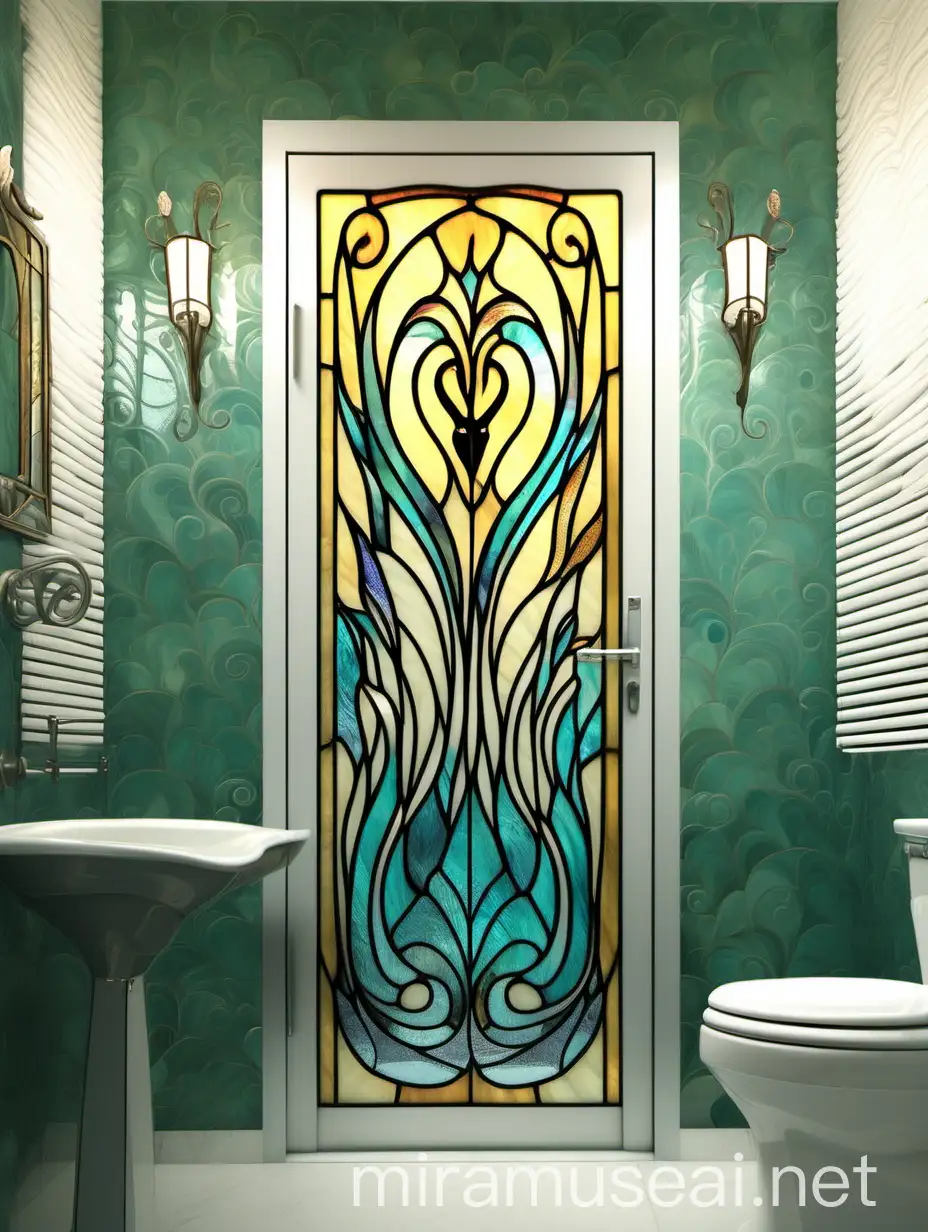 витражная дверь в ванной комнате "абстрактные лебеди и завитки" в стиле ар деко из цветного стекла тиффани
