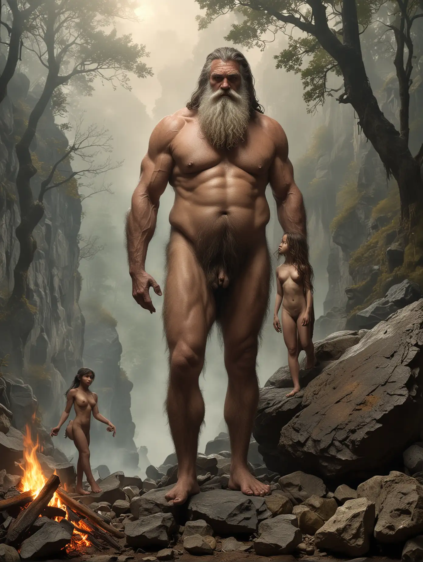 One very large muscular male Hill giant, forest cave, cooking fire, large feet, large hand, nude, fat, primitive, hairy, long beard, old age, standing on rock, misty, holding a young large breasted nude black female who is much smaller in his left hand