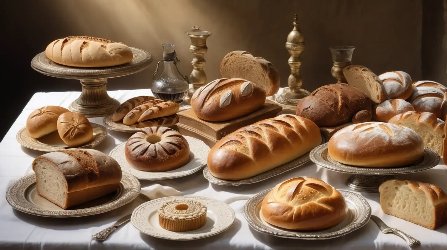epoque biblique, plusieurs sortes de pains, plusieurs sortes de gateaux, sur une table à manger, heure de midi